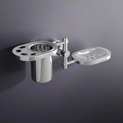 Round Shape Stainless Steel SS304 Soap Dish with Glass Toothbrush Holder(Silver)-by GLOXY®