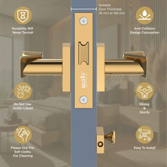 GLOXY Brass Door Lock for Balcony Store Room Door Lock, Mortise Keyless Handle Set with Brass Baby Latch for Home,Office,Hotel | Gold Finish (2 Years Warranty, Pack of 1)