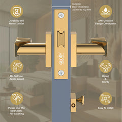 GLOXY Brass Door Lock for Balcony Store Room Door Lock, Mortise Keyless Handle Set with Brass Baby Latch for Home,Office,Hotel | Gold Finish (2 Years Warranty, Pack of 1)