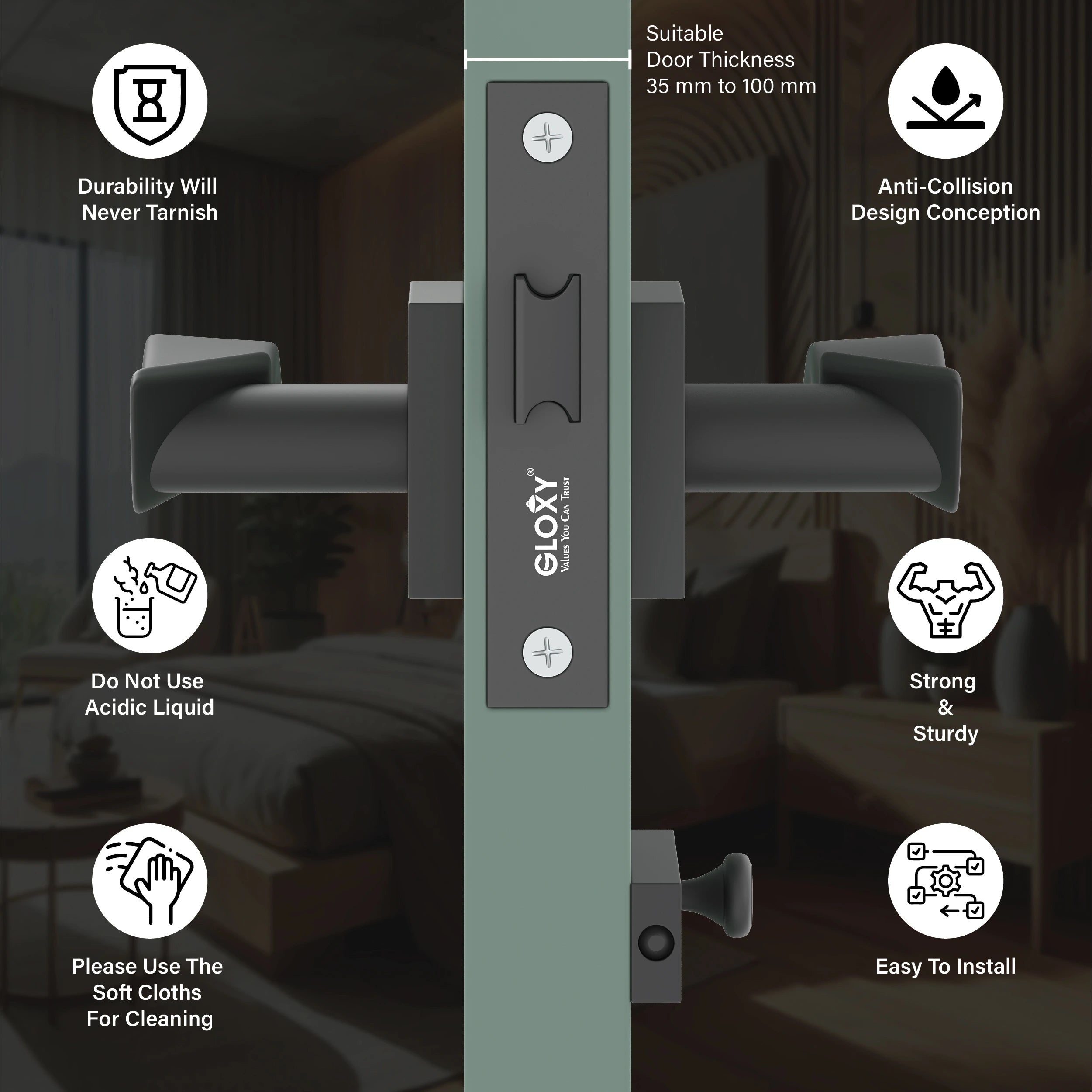 Gloxy Ronik Series Black Finish Mortise Bathroom Door Latch Lock With Handle