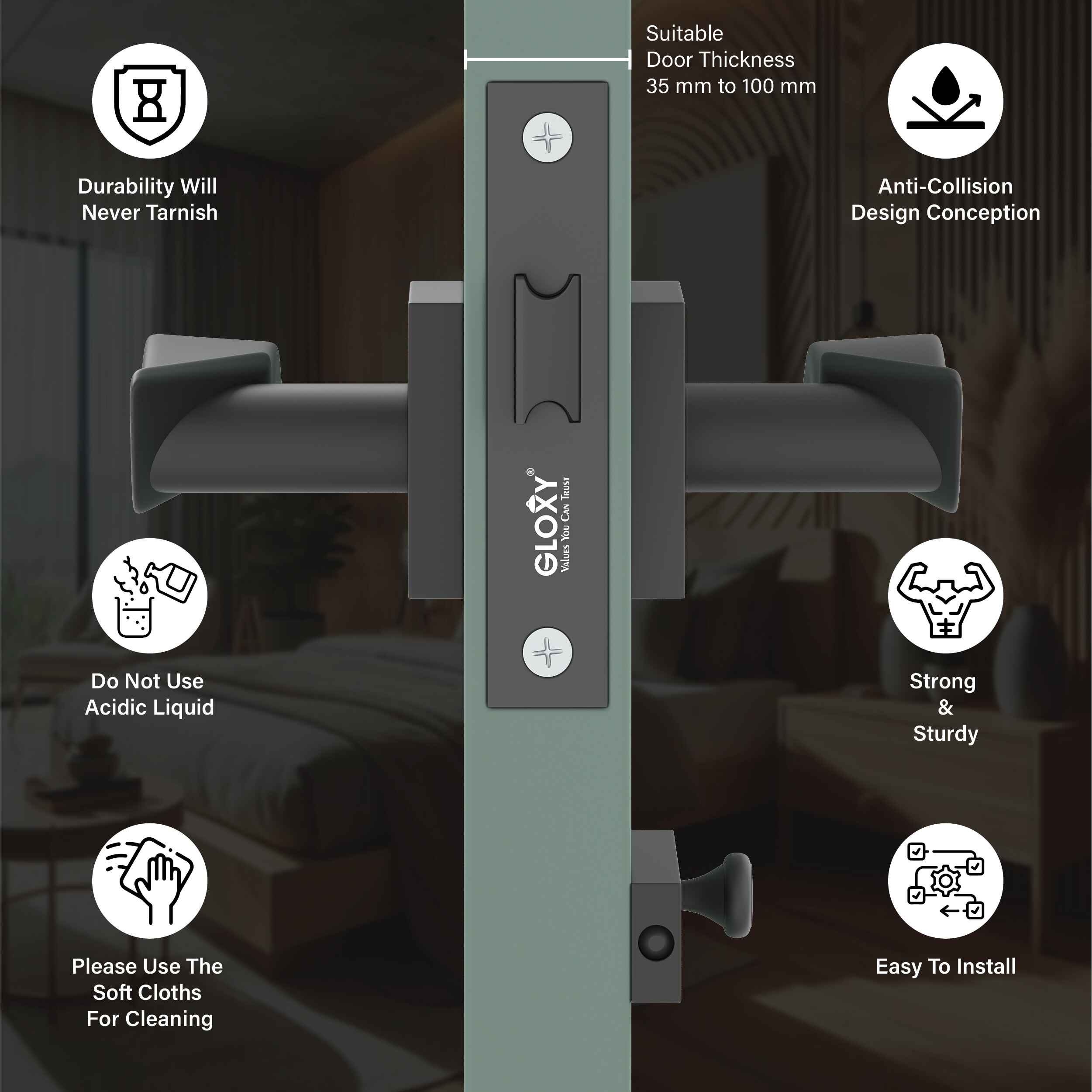 GLOXY Brass Door Lock for Balcony Store Room Door Lock, Mortise Keyless Handle Set with Brass Baby Latch for Home,Office,Hotel | Black Finish (2 Years Warranty, Pack of 1)