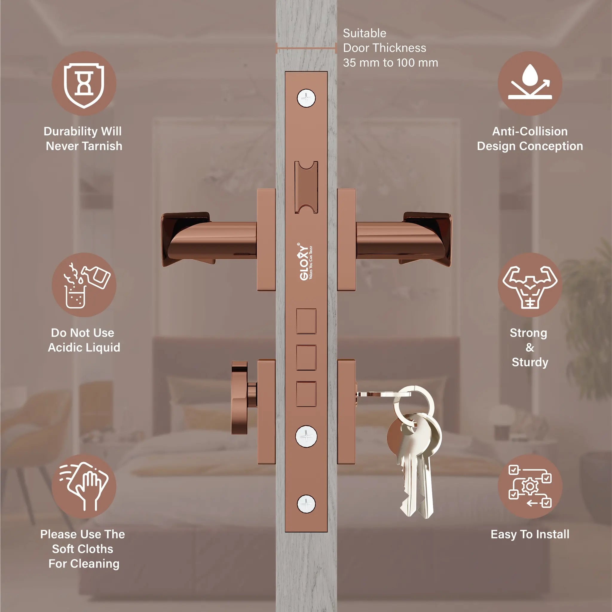 Gloxy Ronik Series Rose Gold Finish Mortise Main Door key Lock With Handle