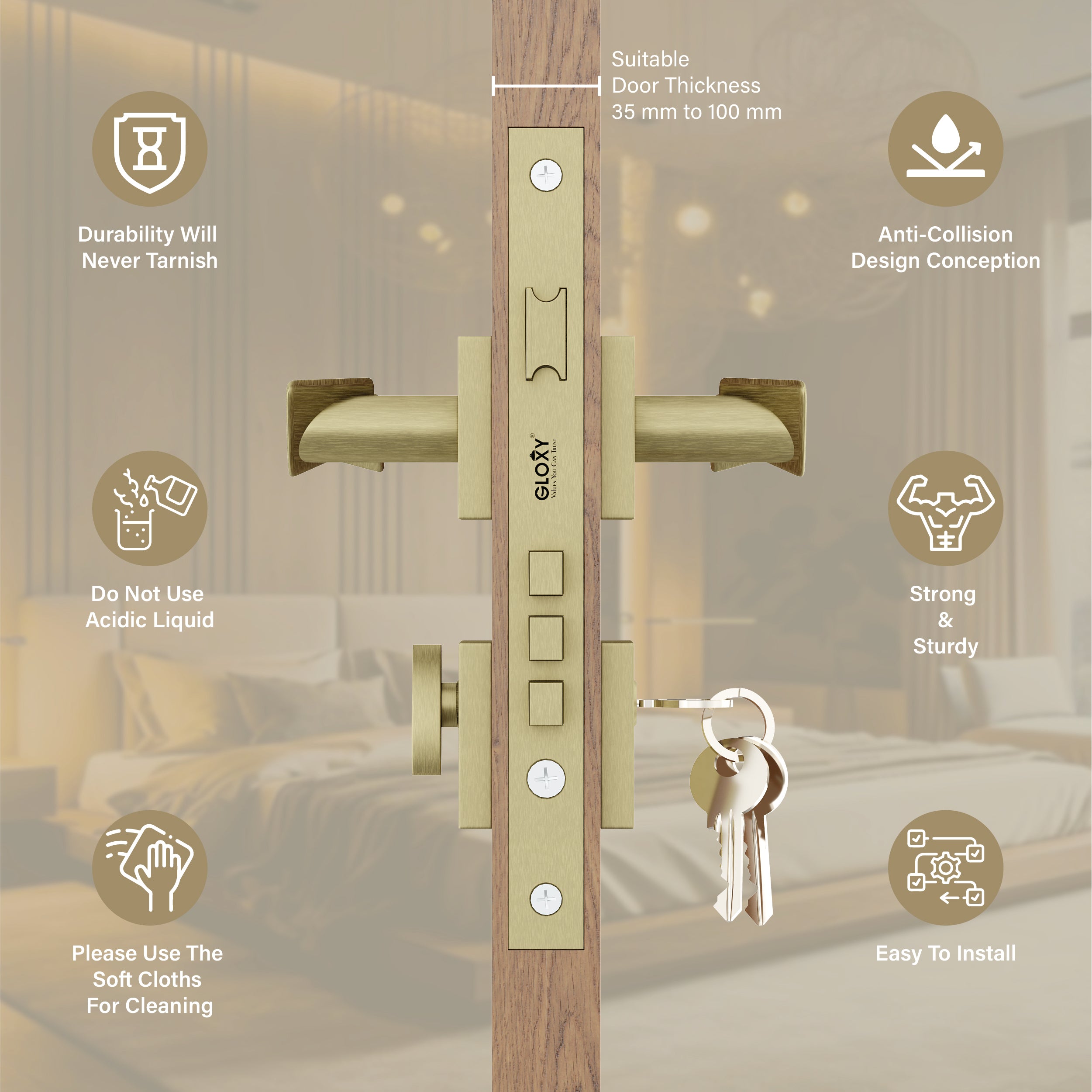 Mortise Door Handles Main Door Lock Handles Set with 3 Keys for Safety of Home | Bedroom, Office, Hotel, Home(Antique)-by GLOXY®