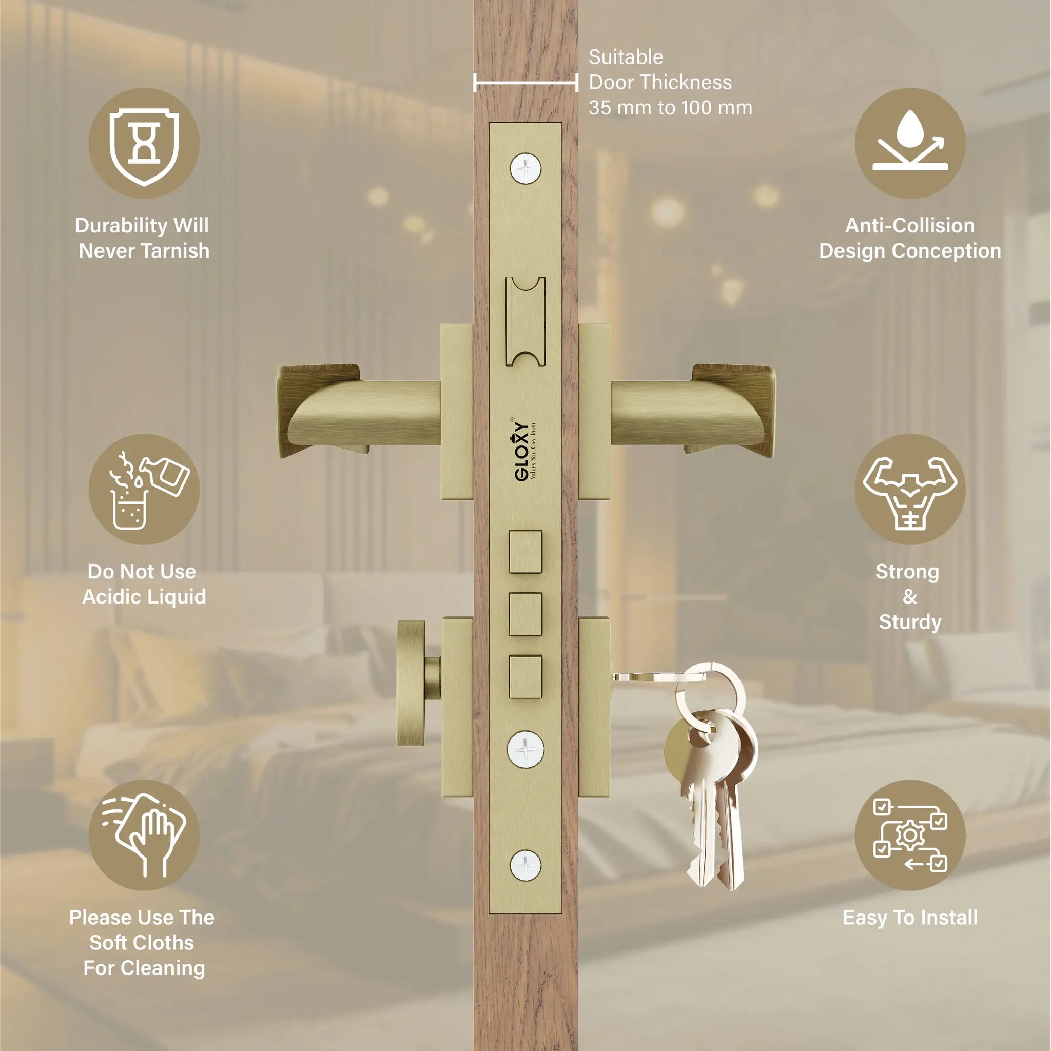 Gloxy Ronik Series Antique Finish Mortise Main Door key Lock With Handle