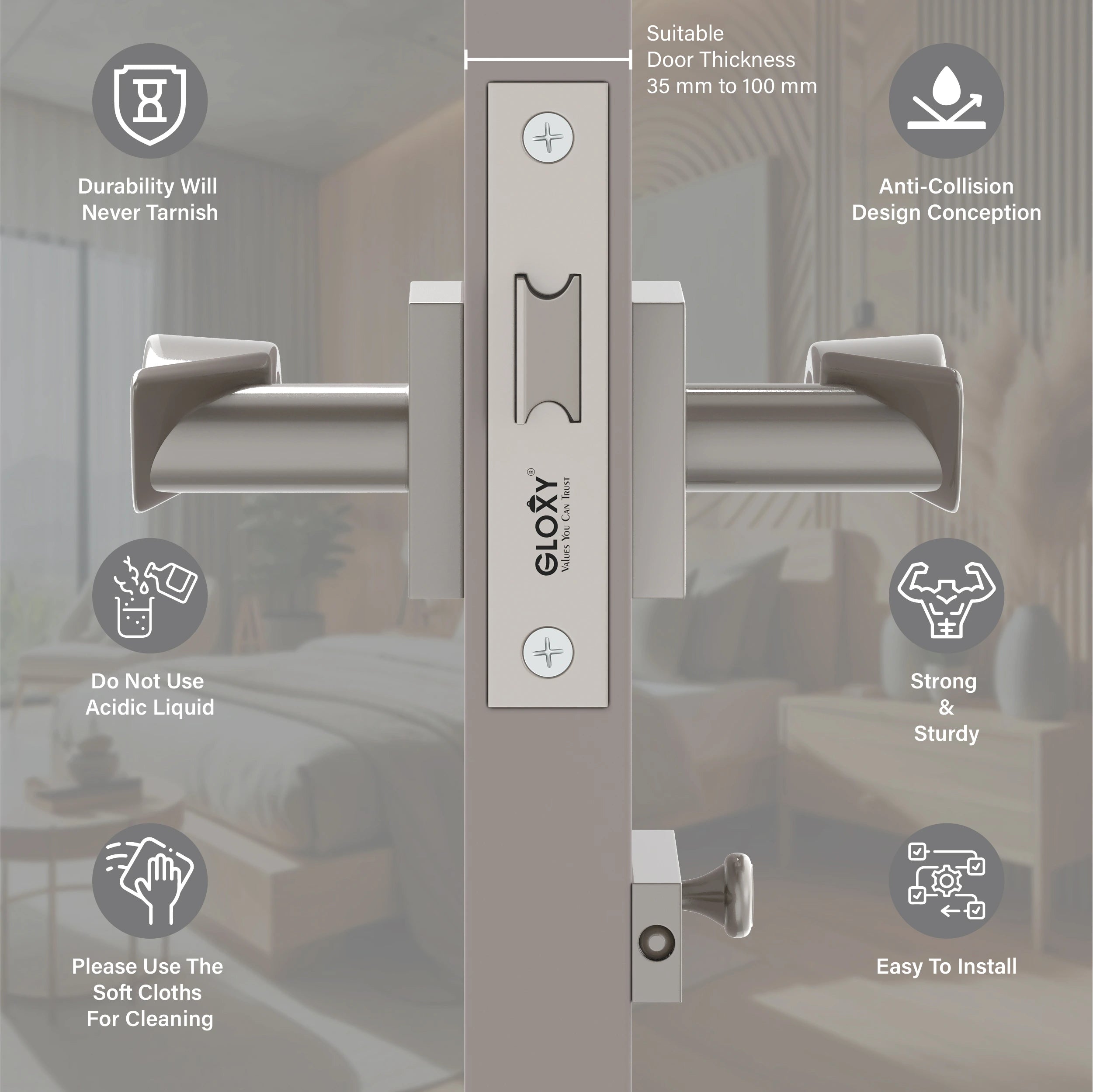 Gloxy Ronik Series Satin Chrome Finish Mortise Bathroom Door Latch Lock With Handle