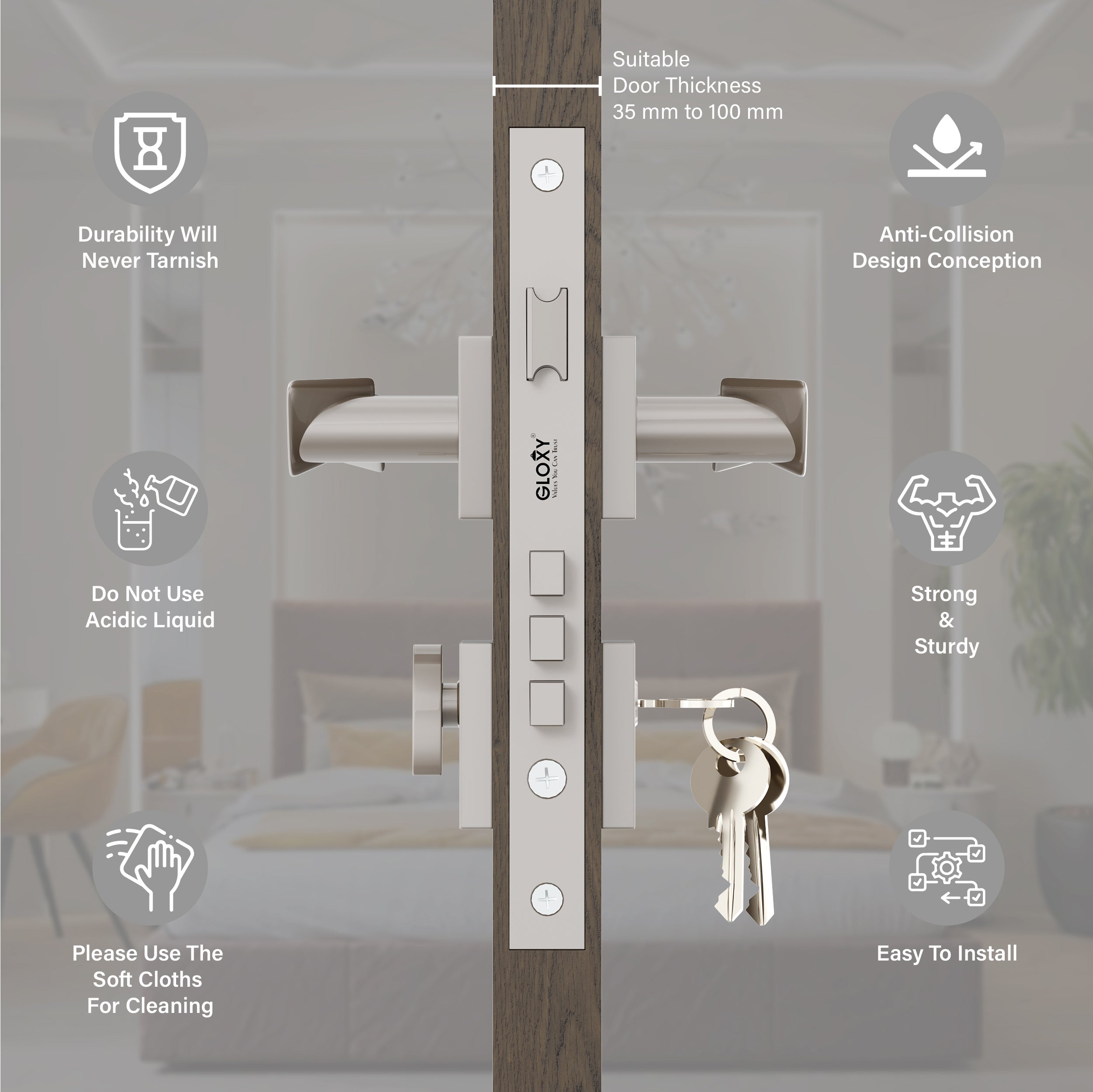 Mortise Door Handles Main Door Lock Handles Set with 3 Keys for Safety of Home | Bedroom, Office, Hotel, Home(satin chrome)-by GLOXY®