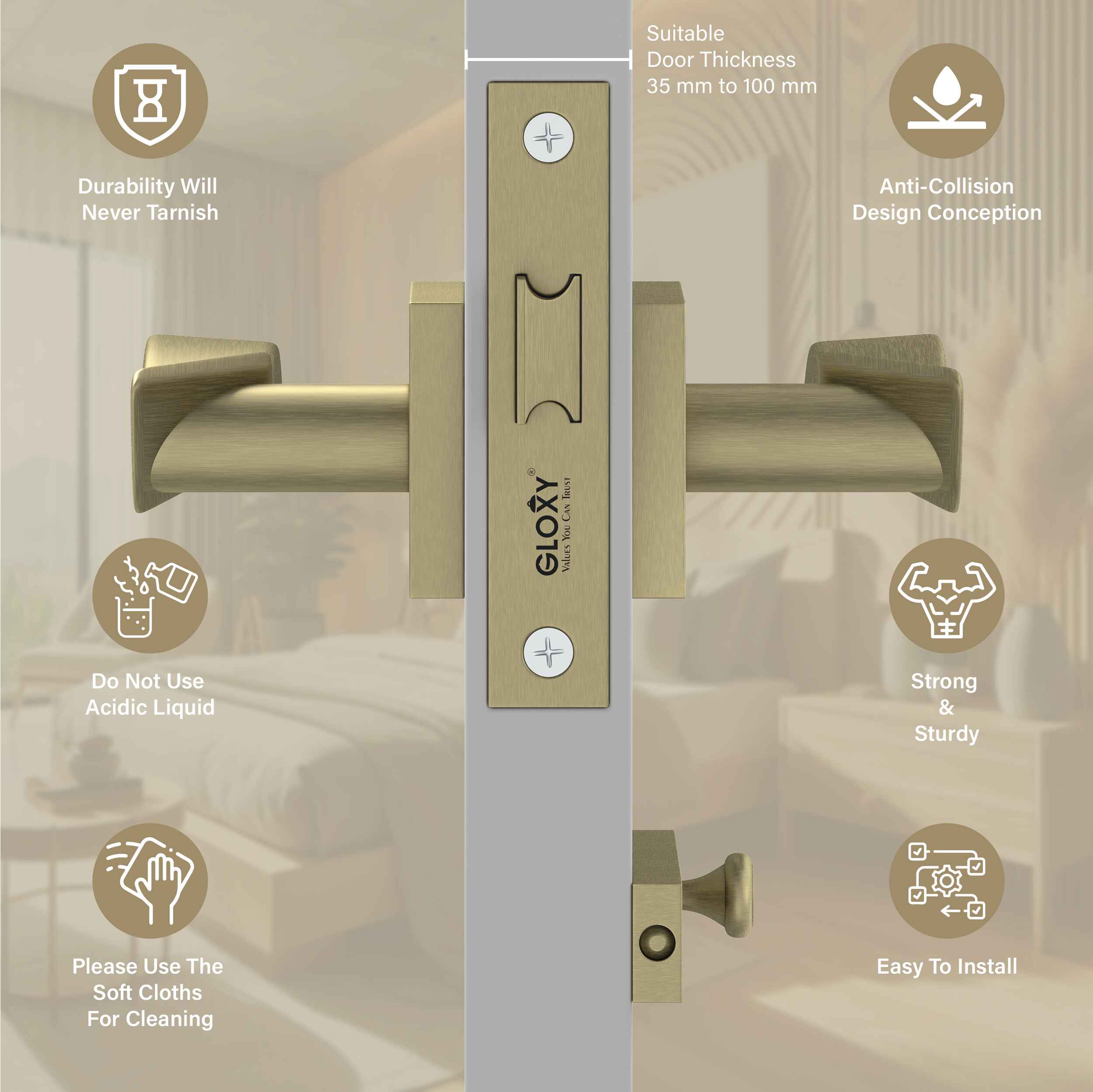 GLOXY Brass Door Lock for Balcony Store Room Door Lock, Mortise Keyless Handle Set with Brass Baby Latch for Home,Office,Hotel | Antique Finish (2 Years Warranty, Pack of 1)