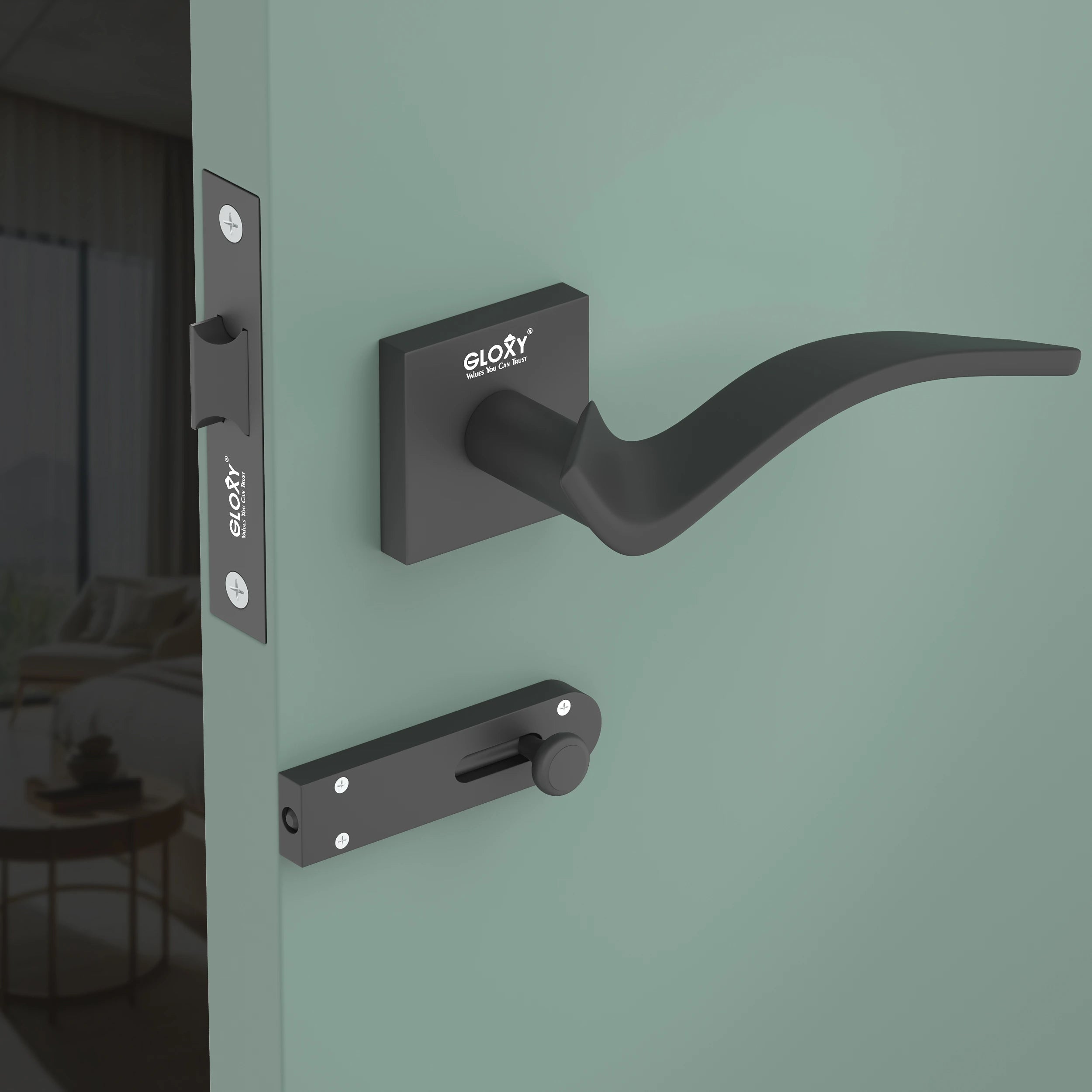 Gloxy Ronik Series Black Finish Mortise Bathroom Door Latch Lock With Handle