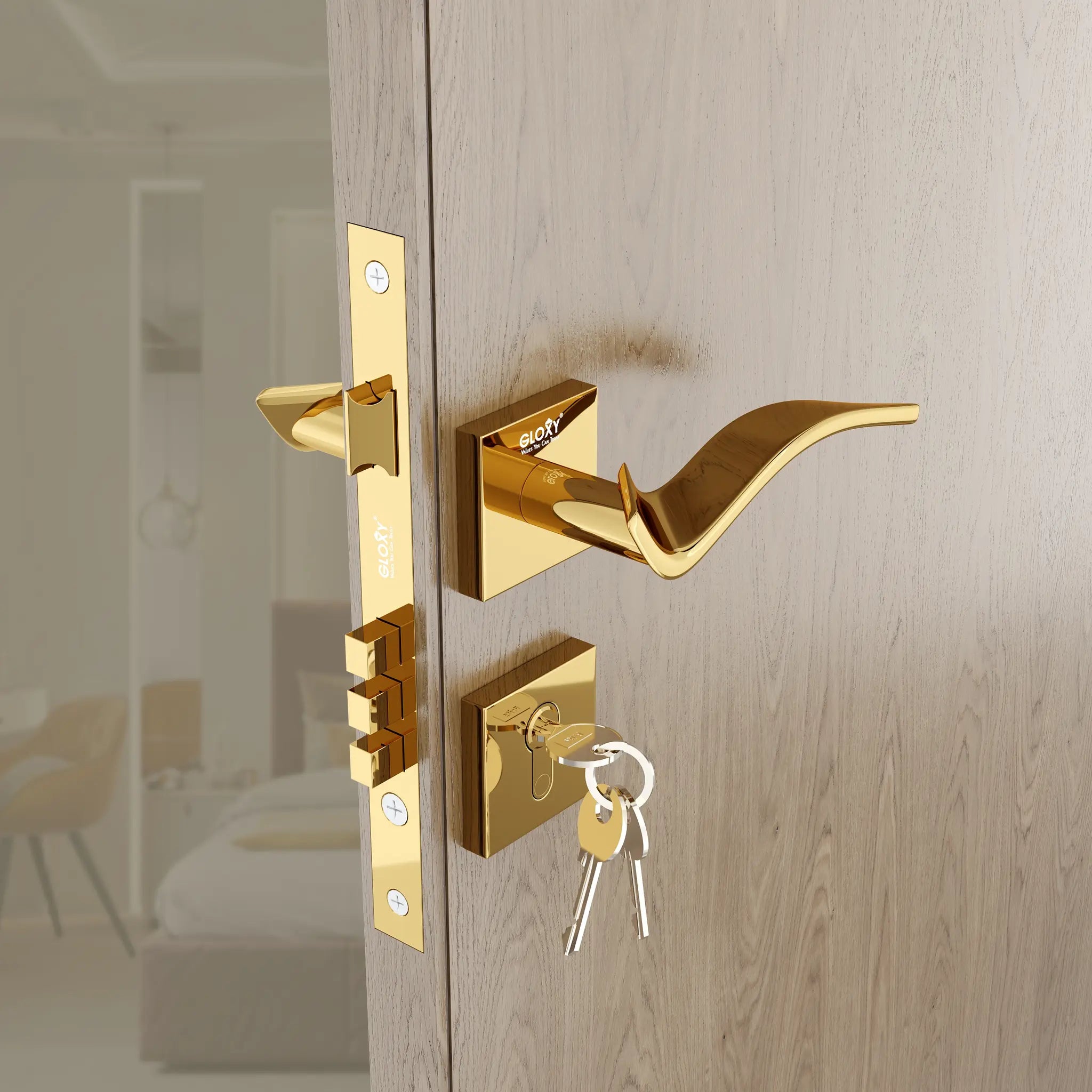 Gloxy Ronik Series Gold Finish Mortise Main Door key Lock With Handle