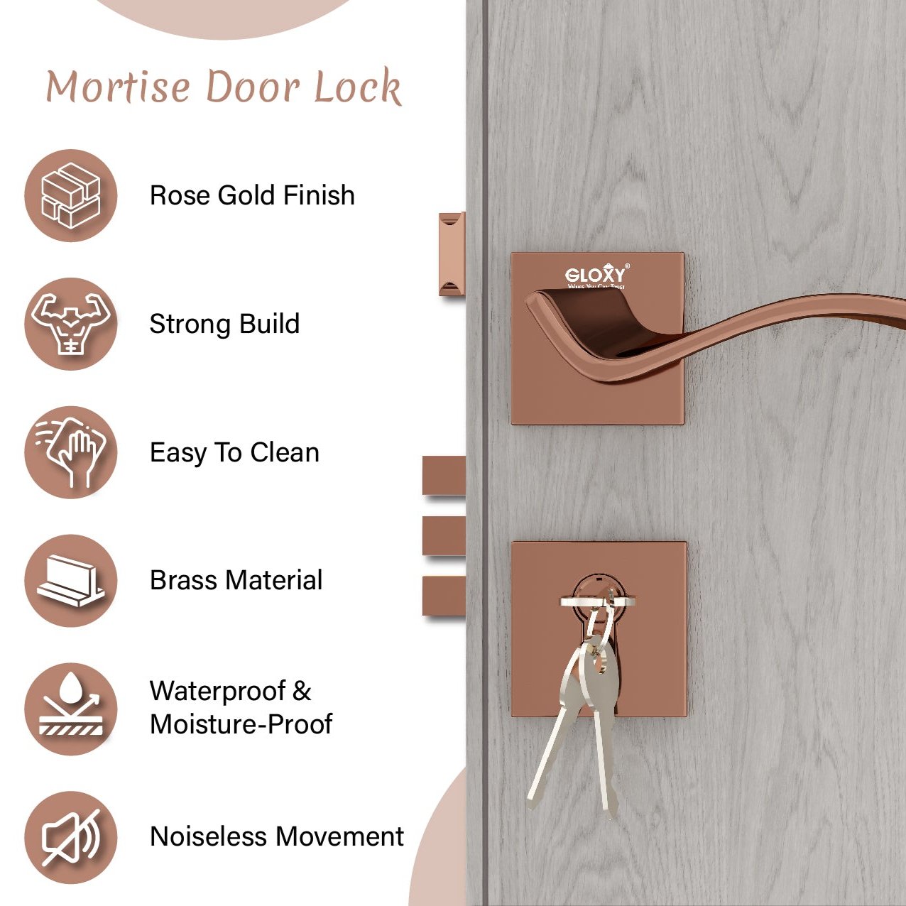 Mortise Door Handles Main Door Lock Handles Set with 3 Keys for Safety of Home | Bedroom, Office, Hotel, Home(Rose Gold)-by GLOXY®