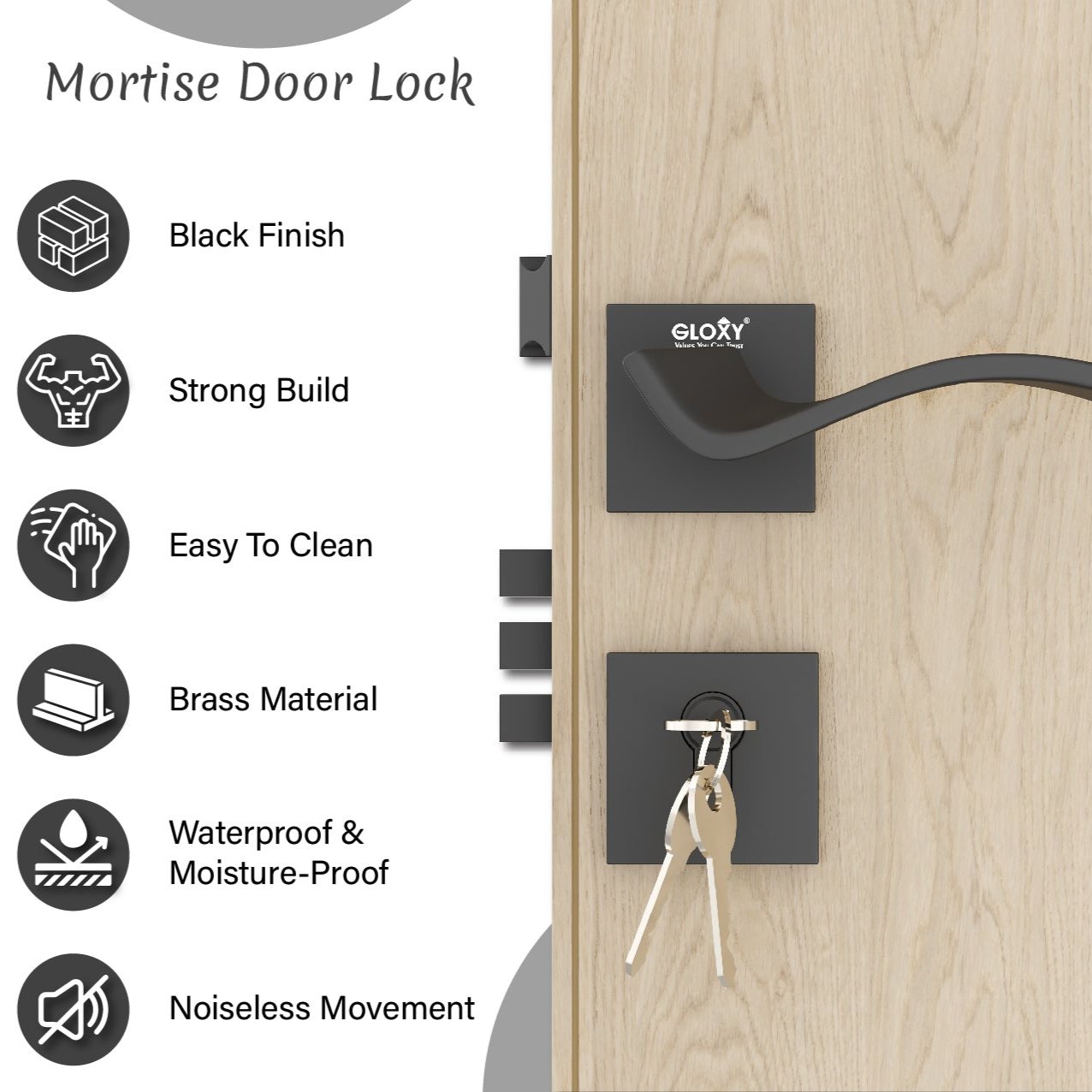 Mortise Door Handles Main Door Lock Handles Set with 3 Keys for Safety of Home | Bedroom, Office, Hotel, Home(Black)-by GLOXY®