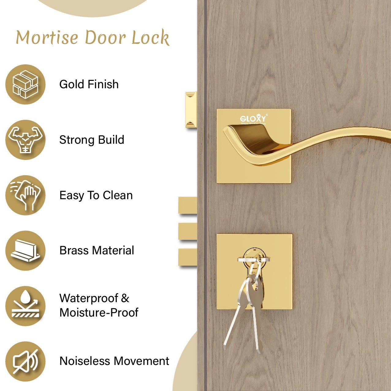 Mortise Door Handles Main Door Lock Handles Set with 3 Keys for Safety of Home | Bedroom, Office, Hotel, Home(Gold)-by GLOXY®