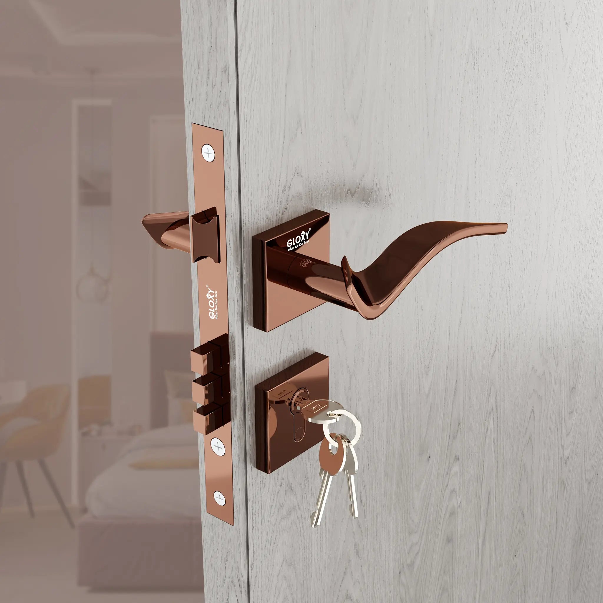 Gloxy Ronik Series Rose Gold Finish Mortise Main Door key Lock With Handle