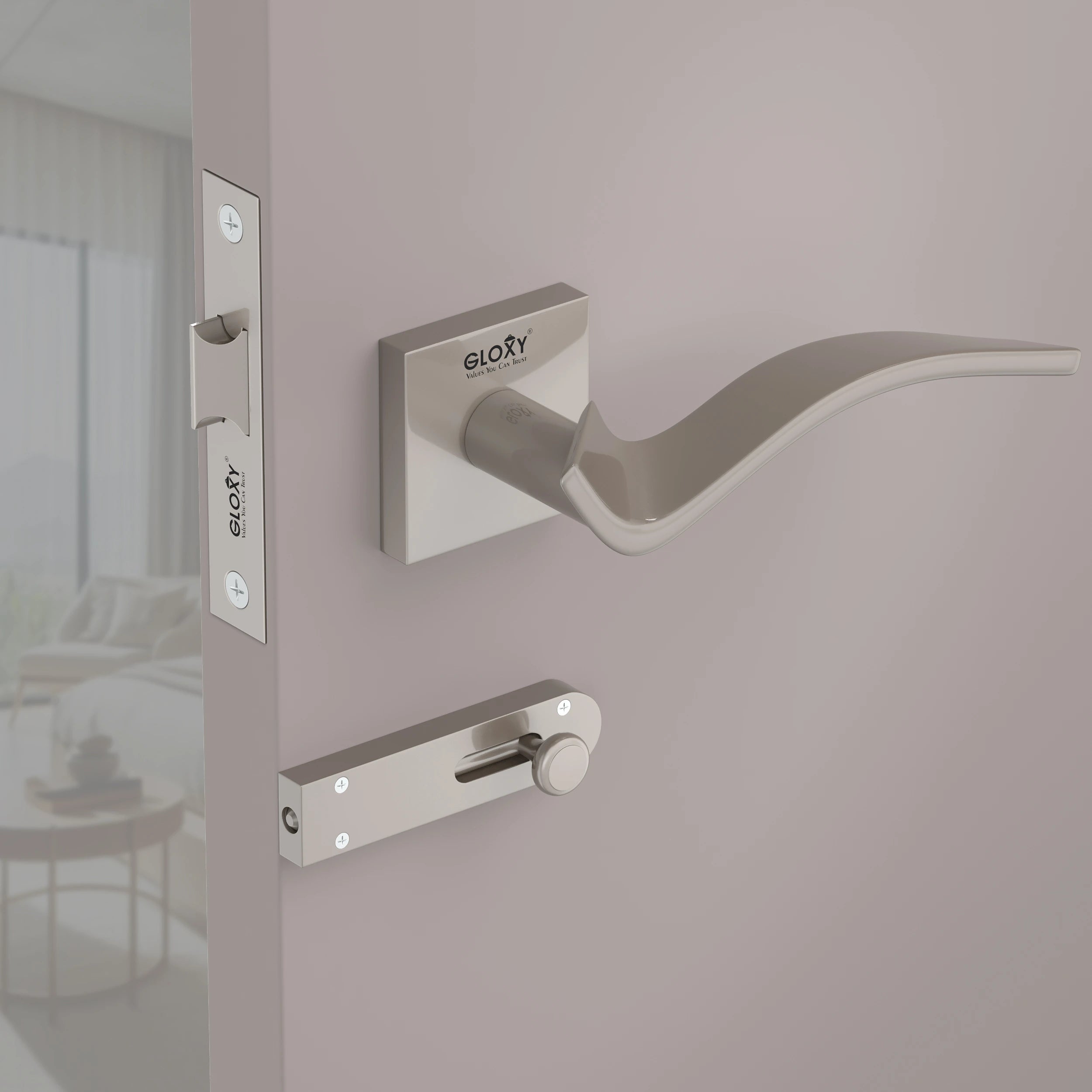 Gloxy Ronik Series Satin Chrome Finish Mortise Bathroom Door Latch Lock With Handle