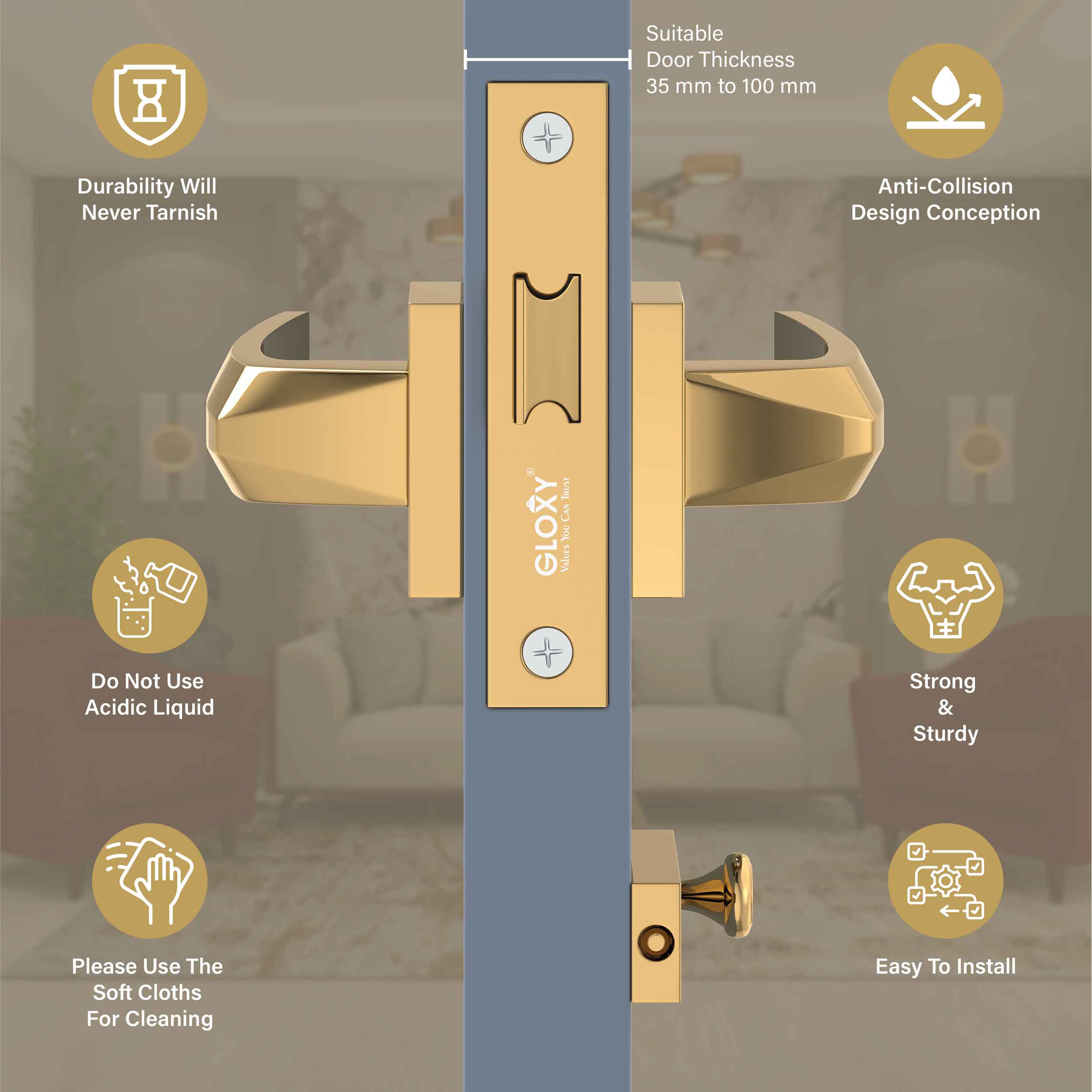 GLOXY Brass Door Lock for Balcony Store Room Door Lock, Mortise Keyless Handle Set with Brass Baby Latch for Home,Office,Hotel | Gold Finish (2 Years Warranty, Pack of 1)