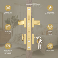 Mortise Door Handles Main Door Lock Handles Set with 3 Keys for Safety of Home | Bedroom, Office, Hotel, Home(Gold)-by GLOXY®