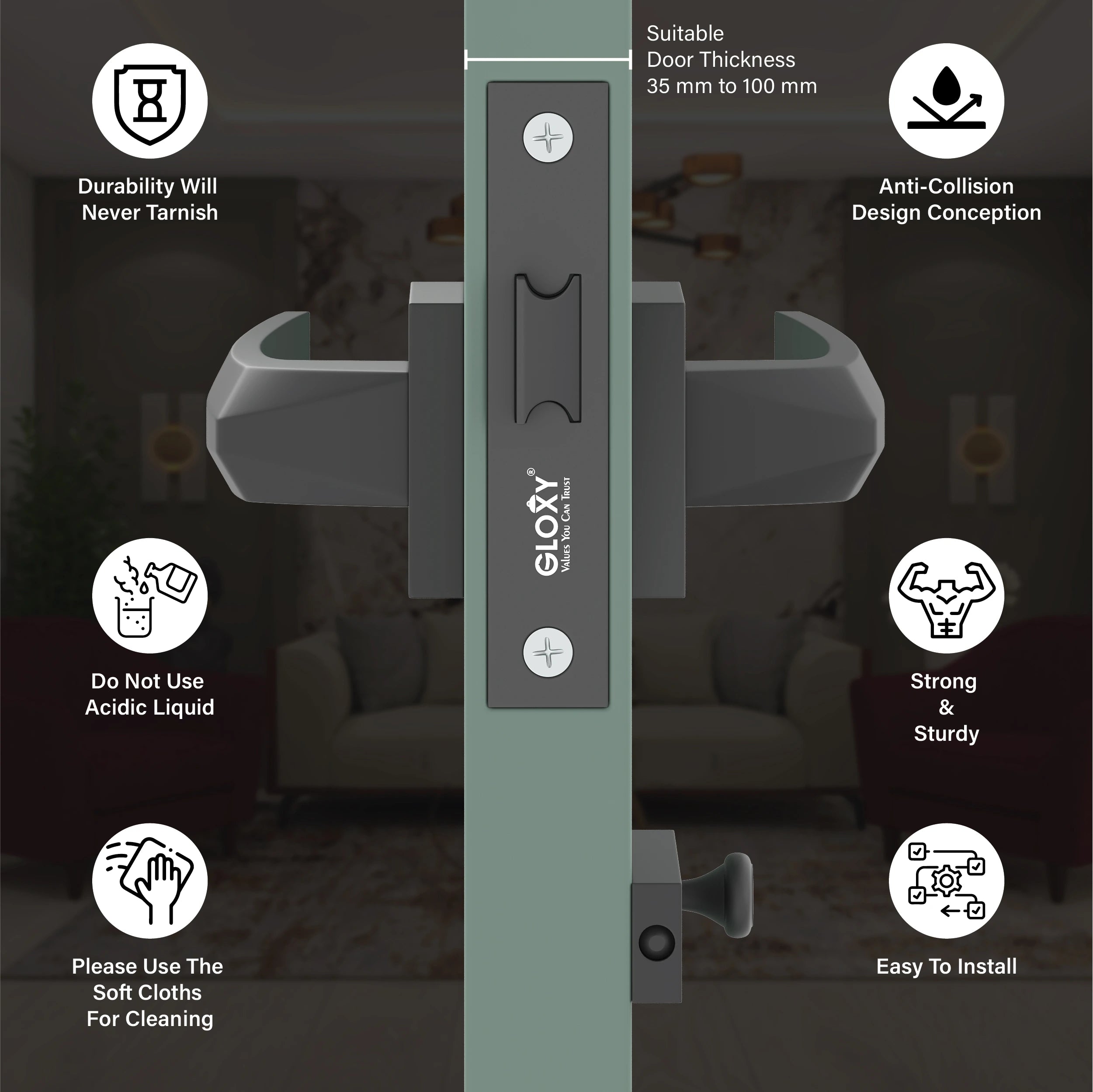 Gloxy Venlo Series Black Finish Mortise Bathroom Door Latch Lock With Handle