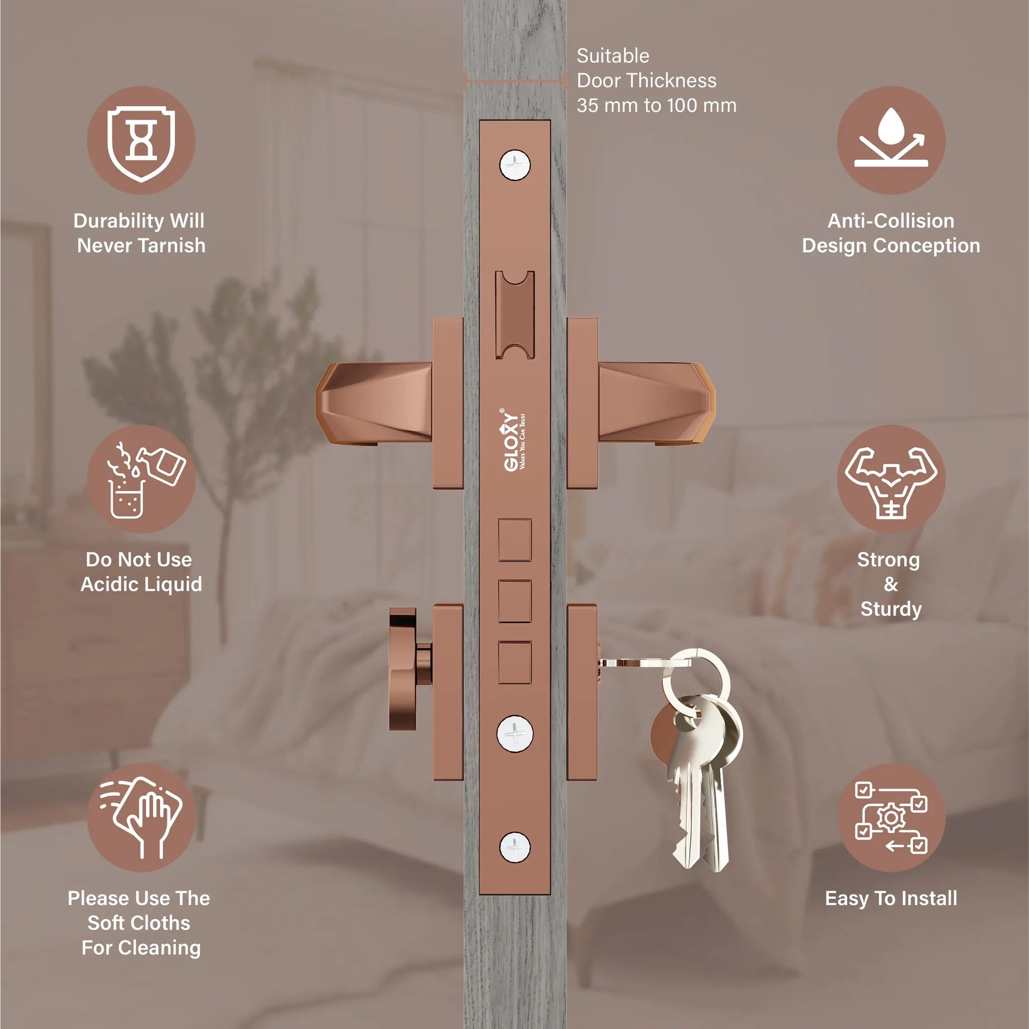 Gloxy Venlo Series Rose Gold Finish Mortise Main Door key Lock With Handle