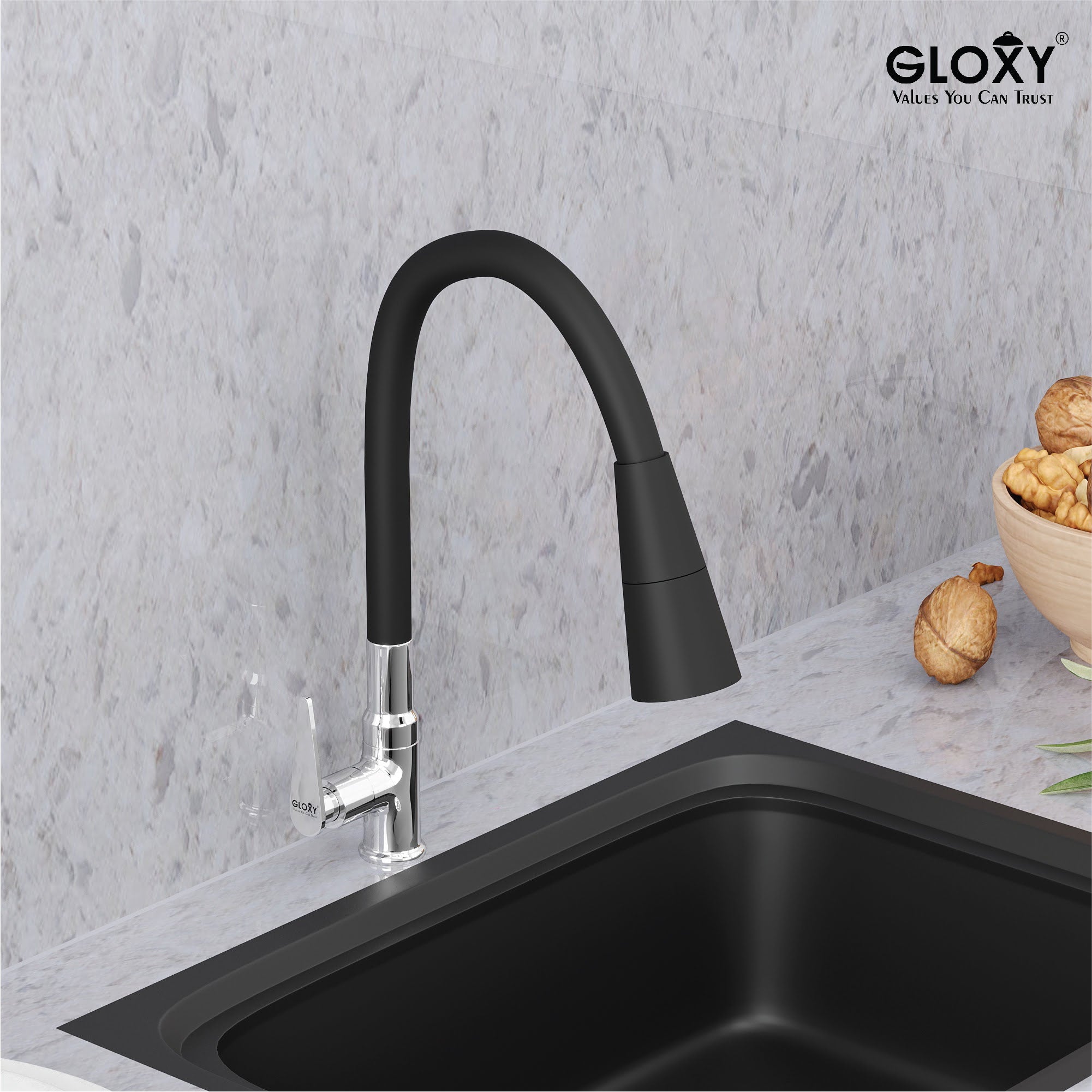 Gloxy Brass Kitchen Faucet with Chrome Finished Leak Proof Touch Lever - Grey 20 Inch Silicon Flexible Spout with Single Flow Water Saving Nozzle for Kitchen - 10 Years Warranty on Spindle Only