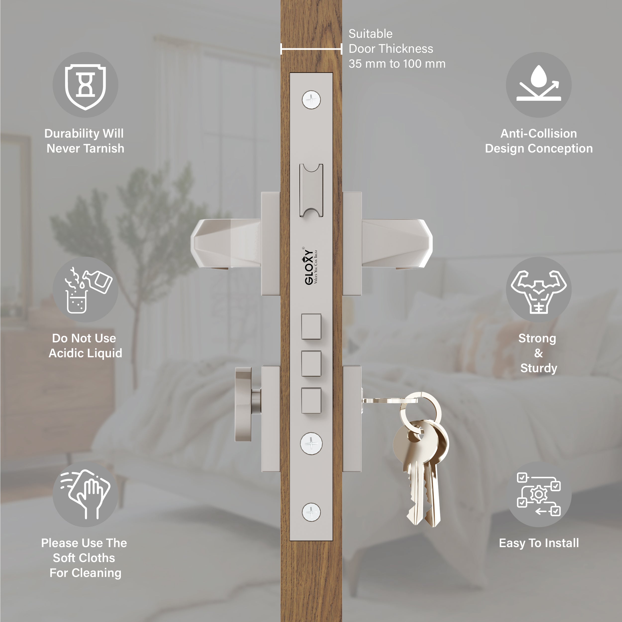 Mortise Door Handles Main Door Lock Handles Set with 3 Keys for Safety of Home | Bedroom, Office, Hotel, Home(Satin Chrome)-by GLOXY®