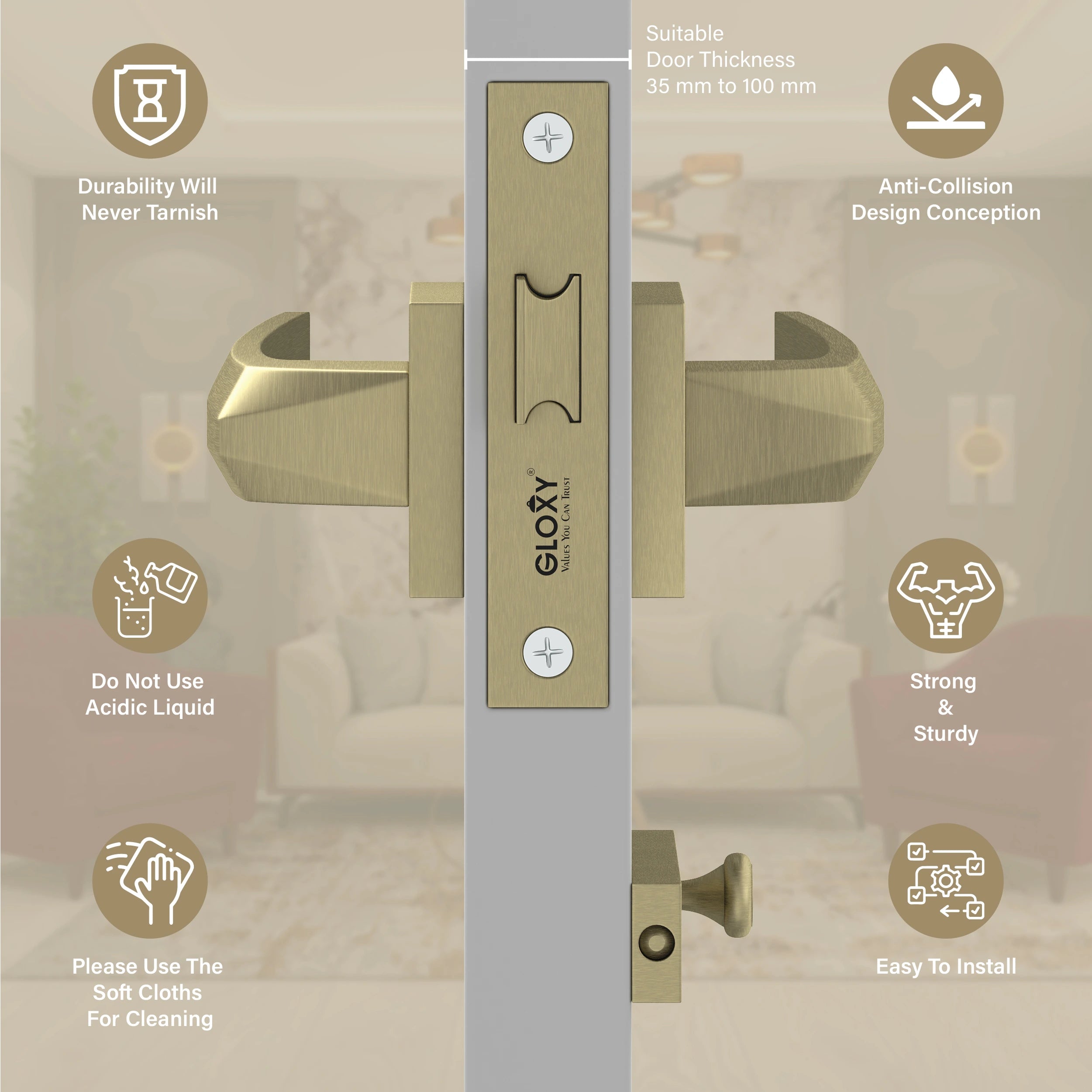 GLOXY Brass Door Lock for Balcony Store Room Door Lock, Mortise Keyless Handle Set with Brass Baby Latch for Home,Office,Hotel | Antique Finish (2 Years Warranty, Pack of 1)