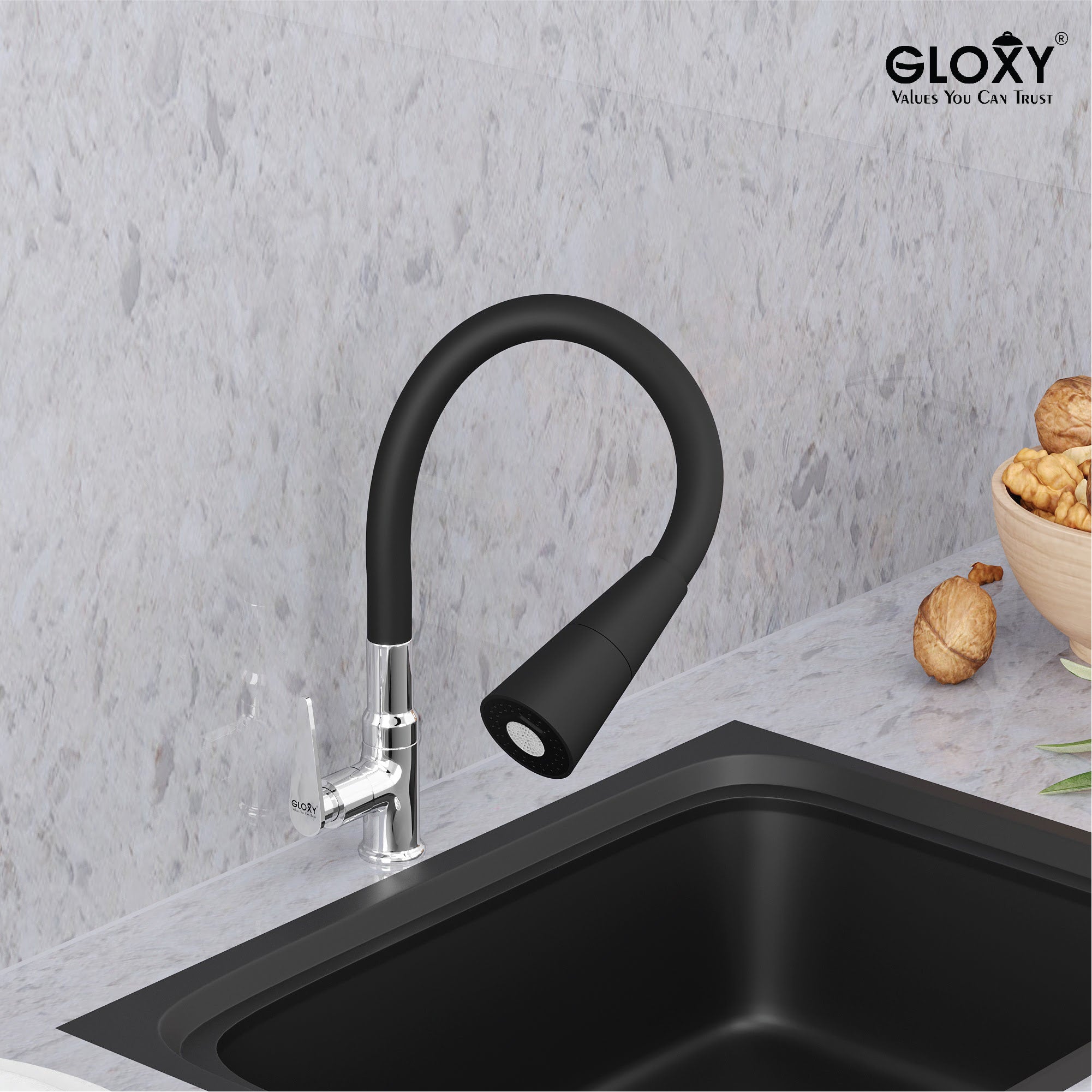 Gloxy Brass Kitchen Faucet with Chrome Finished Leak Proof Touch Lever - Grey 20 Inch Silicon Flexible Spout with Single Flow Water Saving Nozzle for Kitchen - 10 Years Warranty on Spindle Only
