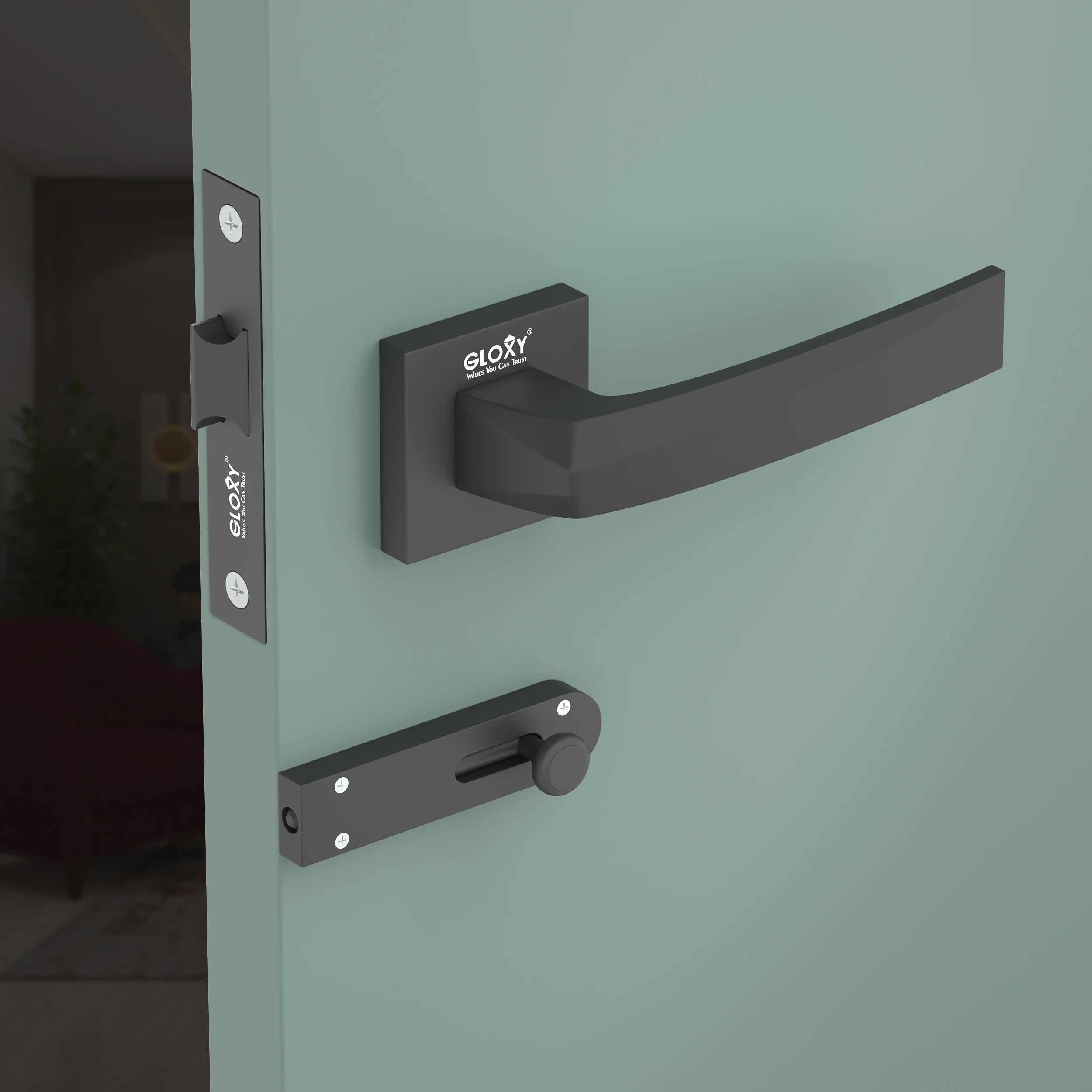 Gloxy Venlo Series Black Finish Mortise Bathroom Door Latch Lock With Handle