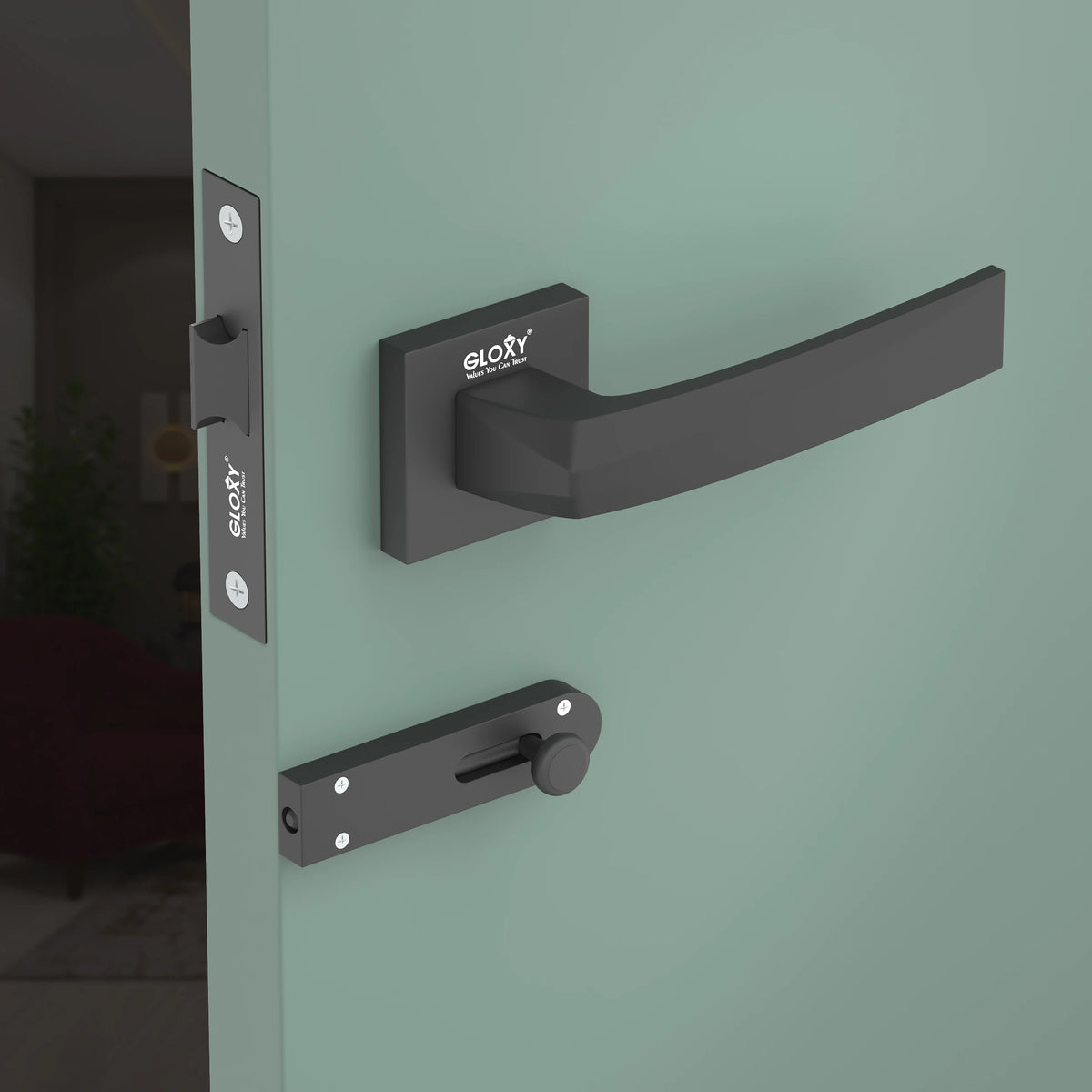 GLOXY Brass Door Lock for Balcony Store Room Door Lock, Mortise Keyless Handle Set with Brass Baby Latch for Home,Office,Hotel | Black Finish (2 Years Warranty, Pack of 1)