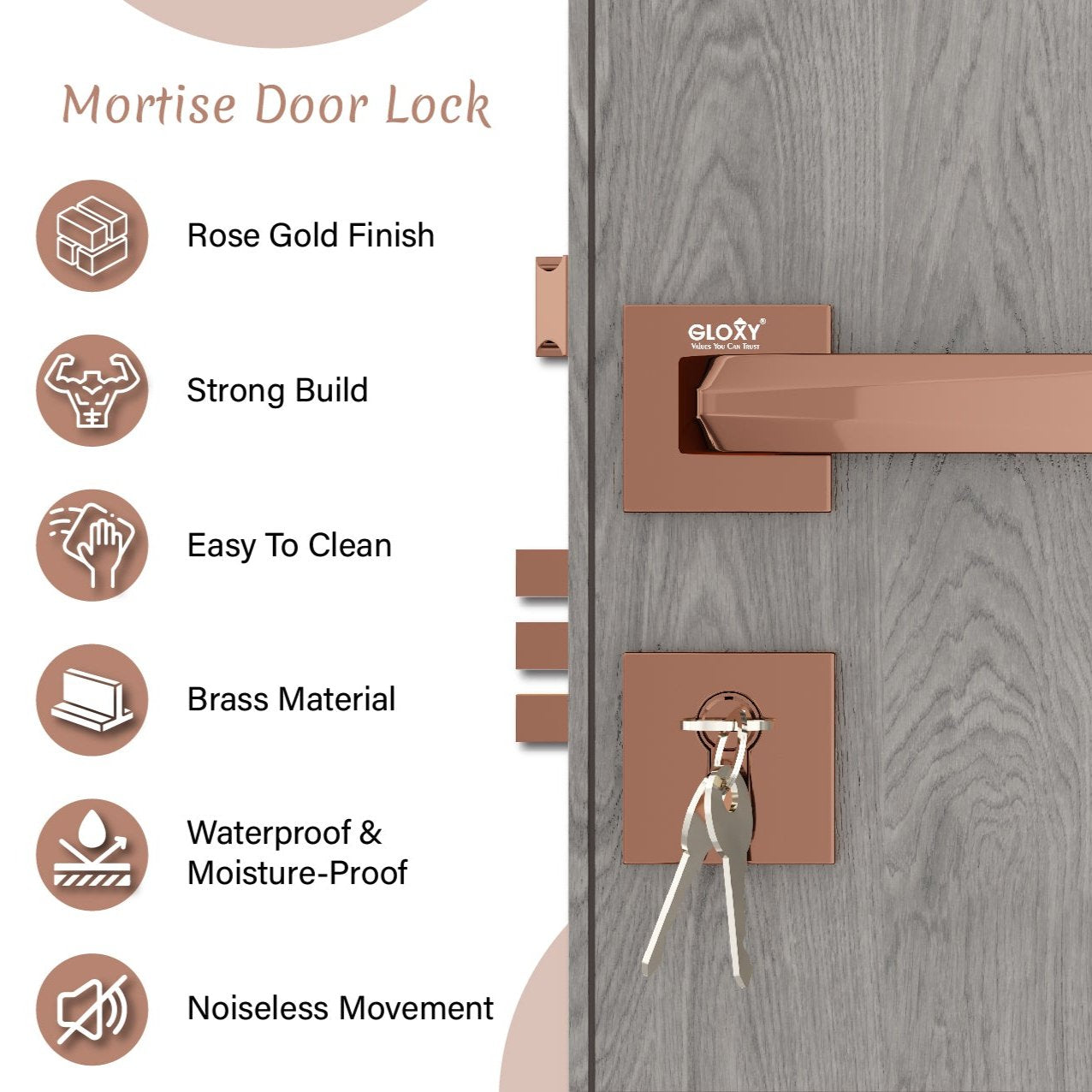 Mortise Door Handles Main Door Lock Handles Set with 3 Keys for Safety of Home | Bedroom, Office, Hotel, Home(Rose Gold)-by GLOXY®