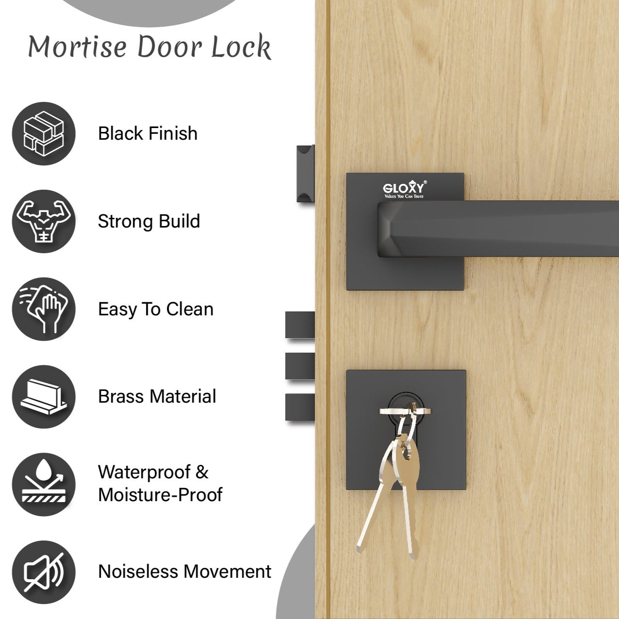 Mortise Door Handles Main Door Lock Handles Set with 3 Keys for Safety of Home | Bedroom, Office, Hotel, Home(Black)-by GLOXY®