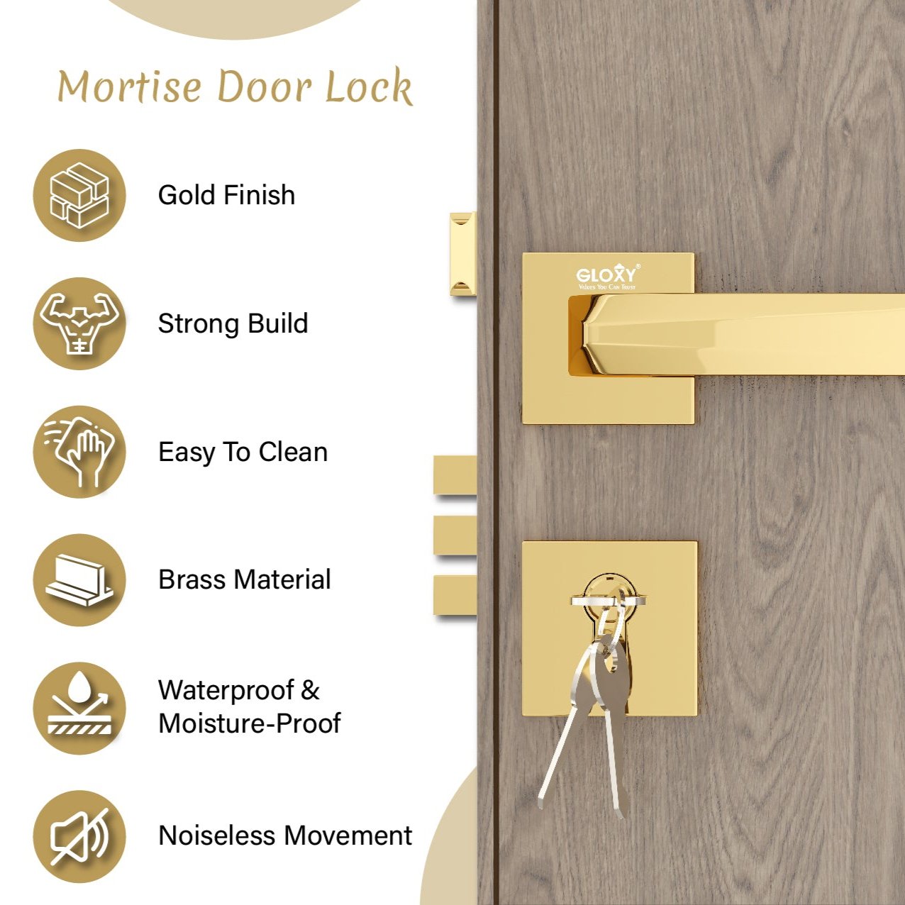 Mortise Door Handles Main Door Lock Handles Set with 3 Keys for Safety of Home | Bedroom, Office, Hotel, Home(Gold)-by GLOXY®