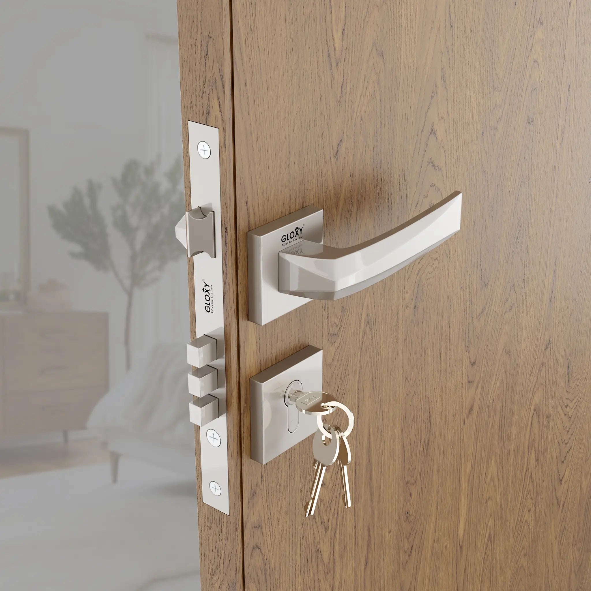 Gloxy Venlo Series Satin Chrome Finish Mortise Main Door key Lock With Handle