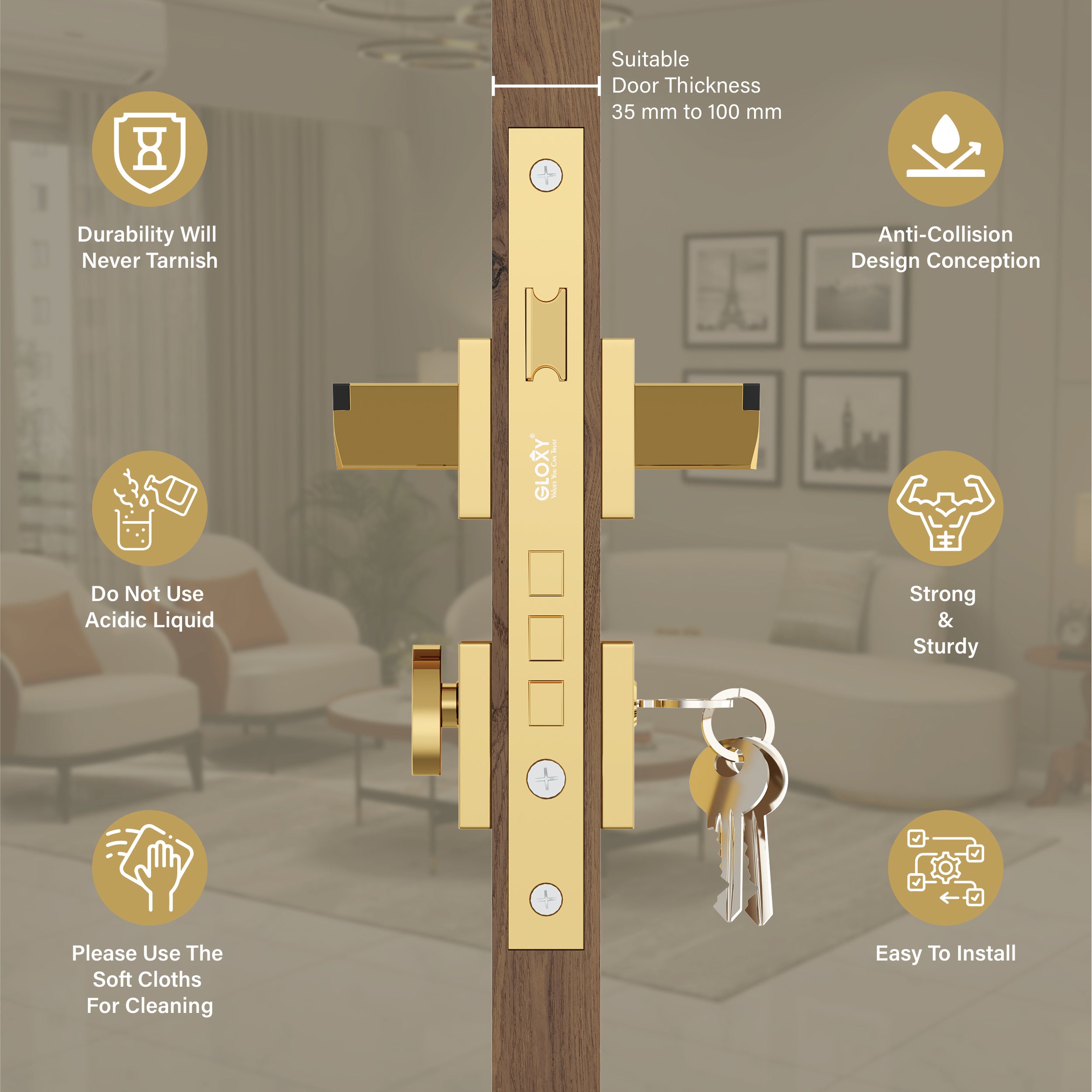 Mortise Door Handles Main Door Lock Handles Set with 3 Keys for Safety of Home | Bedroom, Office, Hotel, Home(Gold)-by GLOXY®