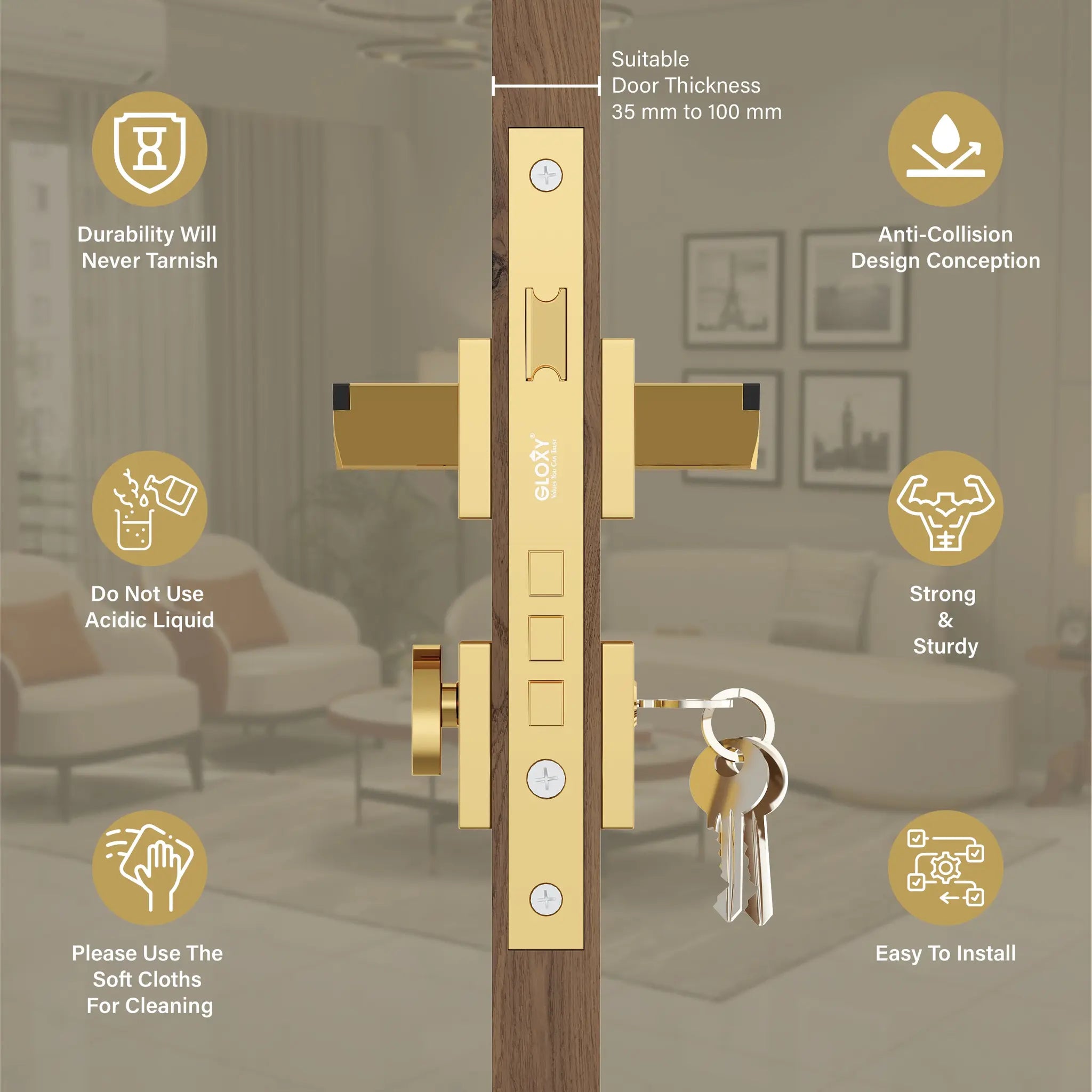 Gloxy Sento Series Gold Finish Mortise Main Door key Lock With Handle