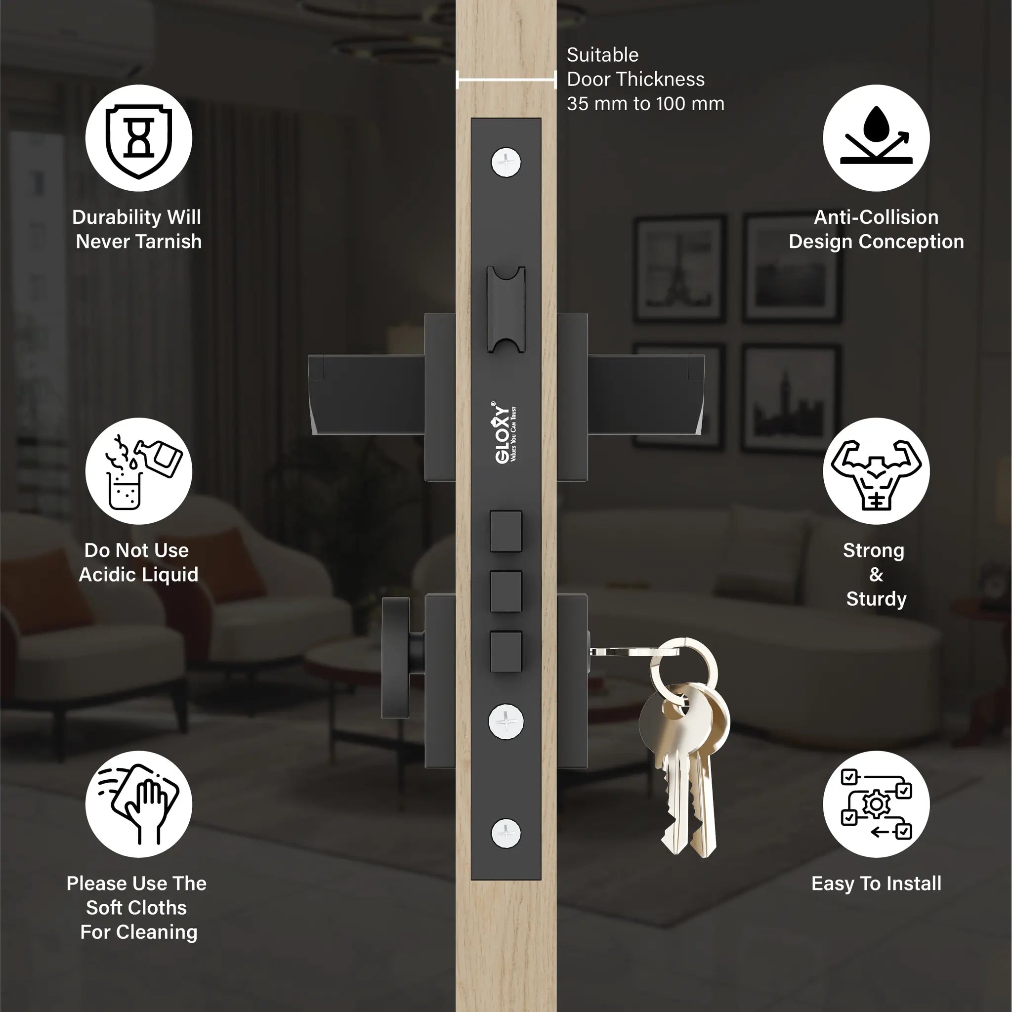 Gloxy Sento Series Black Finish Mortise Main Door key Lock With Handle