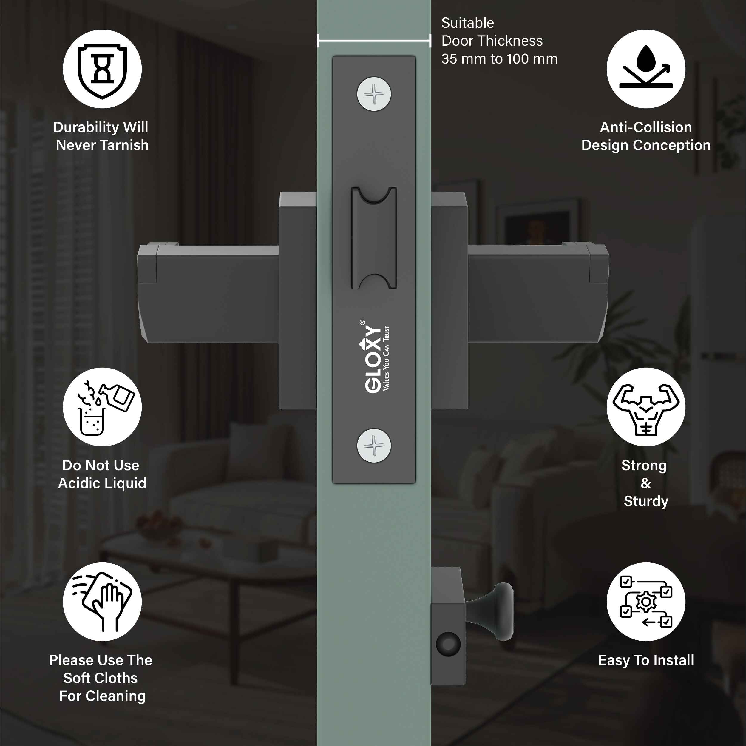 GLOXY Brass Door Lock for Balcony Store Room Door Lock, Mortise Keyless Handle Set with Brass Baby Latch for Home,Office,Hotel | Black Finish (2 Years Warranty, Pack of 1)