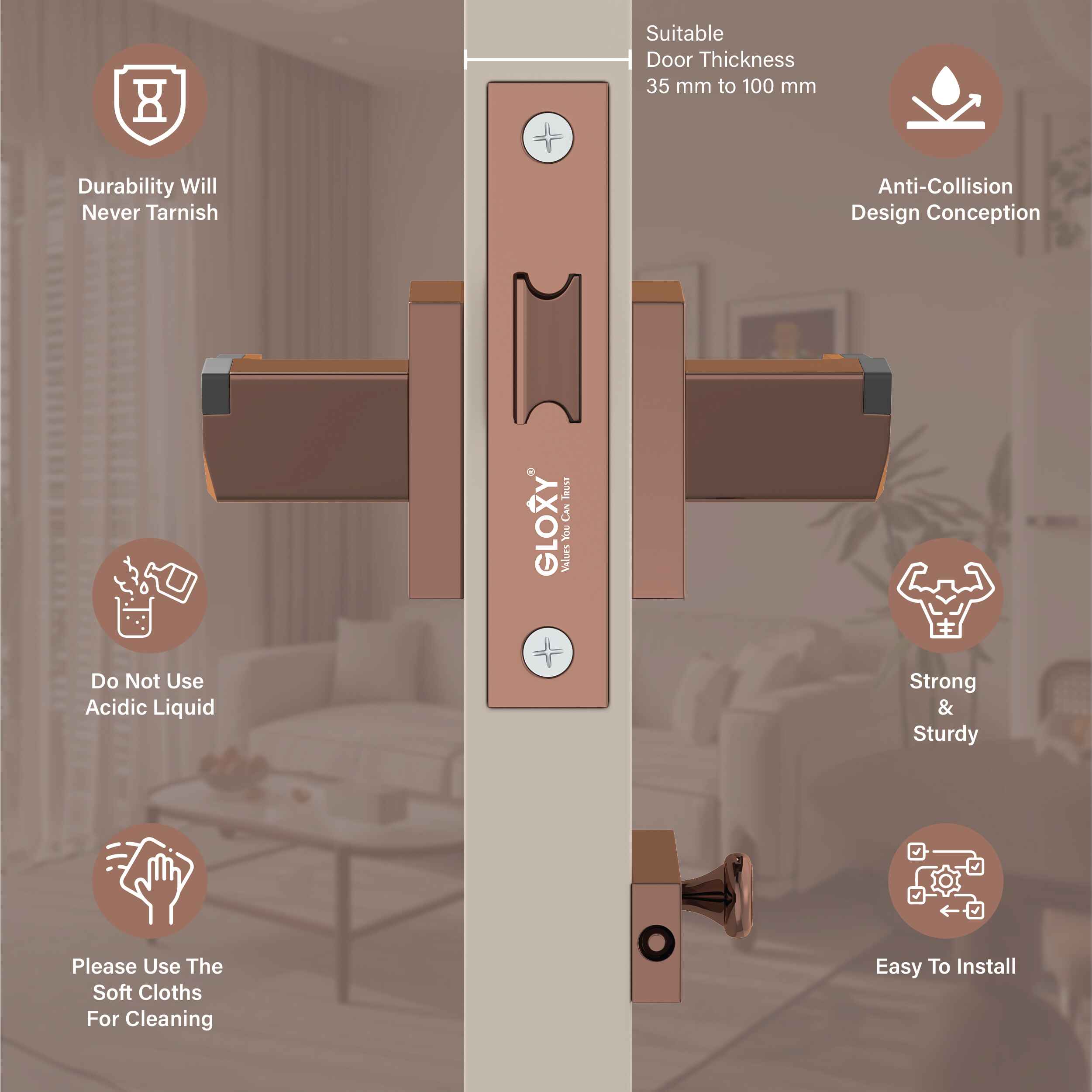 GLOXY Brass Door Lock for Balcony Store Room Door Lock, Mortise Keyless Handle Set with Brass Baby Latch for Home,Office,Hotel |Rose Gold & Black Finish (2 Years Warranty, Pack of 1)