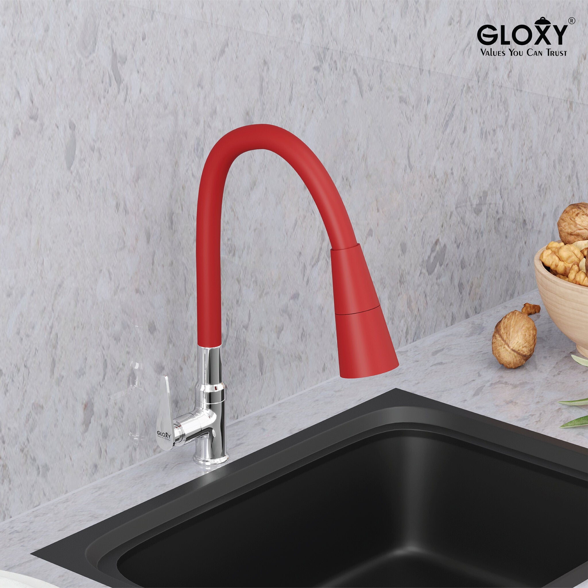 Gloxy Brass Kitchen Faucet with Chrome Finished Leak Proof Touch Lever - Grey 20 Inch Silicon Flexible Spout with Single Flow Water Saving Nozzle for Kitchen - 10 Years Warranty on Spindle Only
