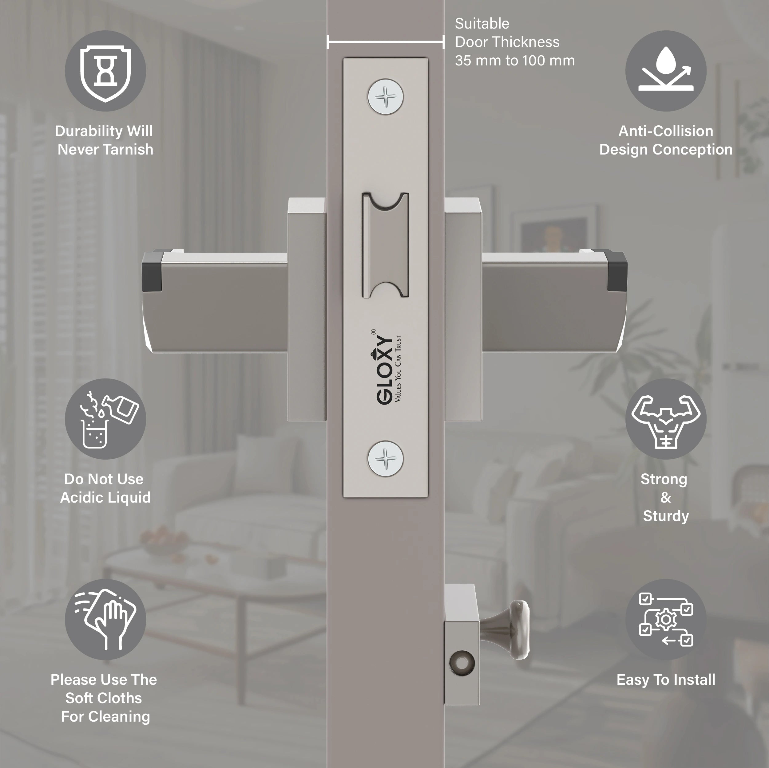 Gloxy Sento Series Satin Chrome Finish Mortise Bathroom Door Latch Lock With Handle