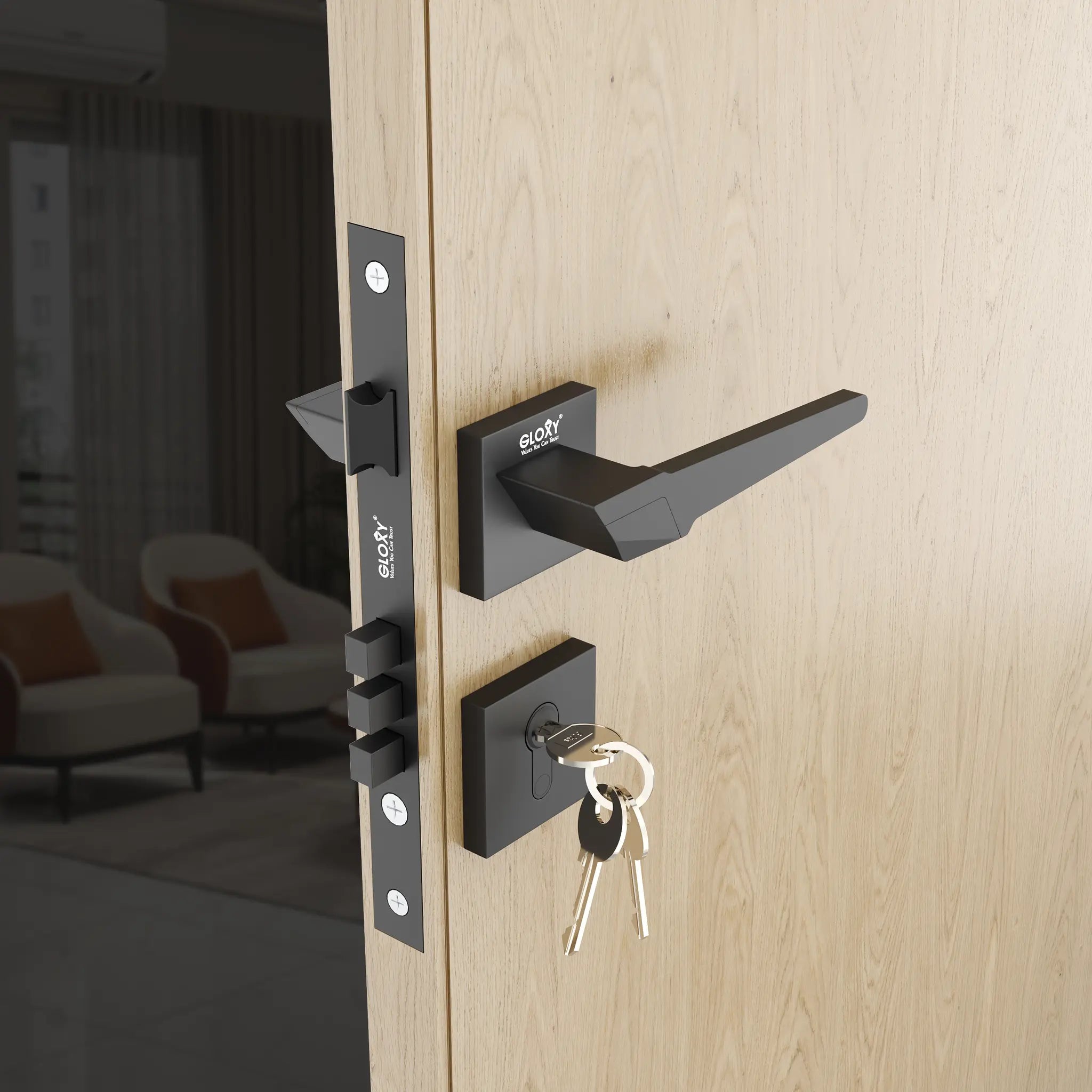 Gloxy Sento Series Black Finish Mortise Main Door key Lock With Handle
