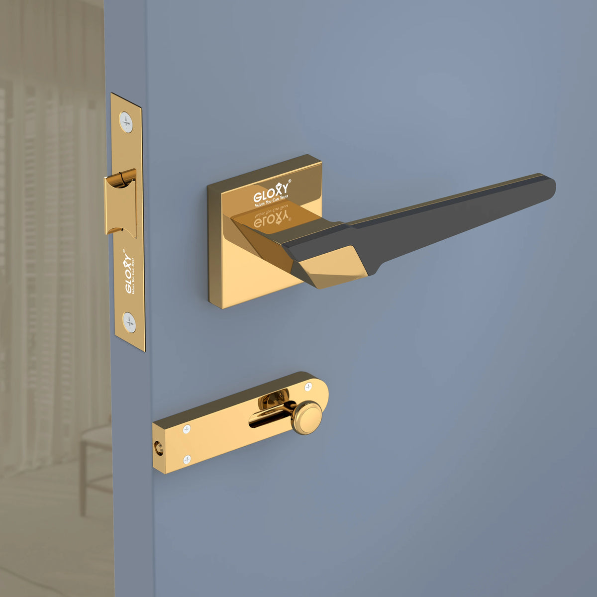 GLOXY Brass Door Lock for Balcony Store Room Door Lock, Mortise Keyless Handle Set with Brass Baby Latch for Home,Office,Hotel | Gold & Black Finish (2 Years Warranty, Pack of 1)