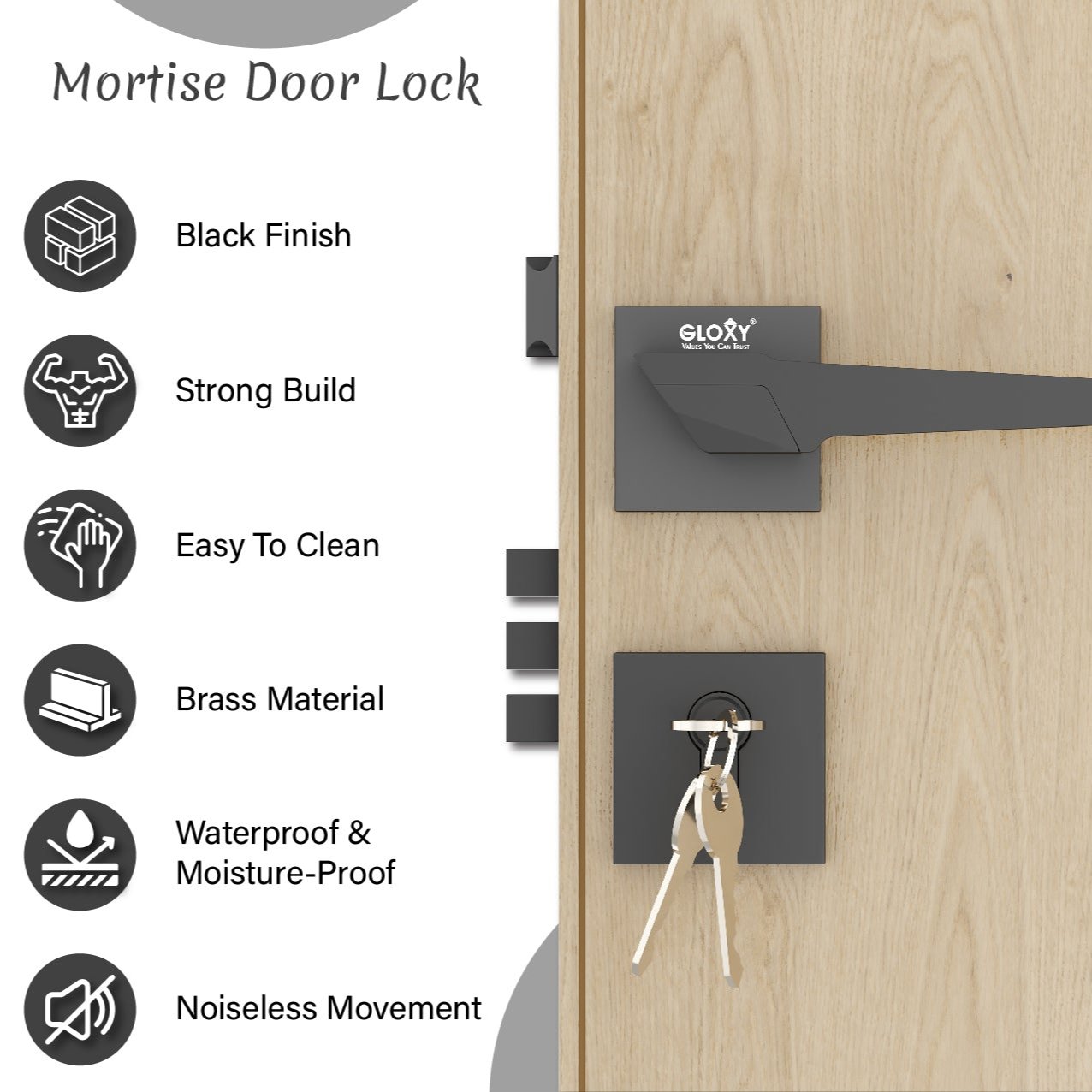 Mortise Door Handles Main Door Lock Handles Set with 3 Keys for Safety of Home | Bedroom, Office, Hotel, Home(Black)-by GLOXY®