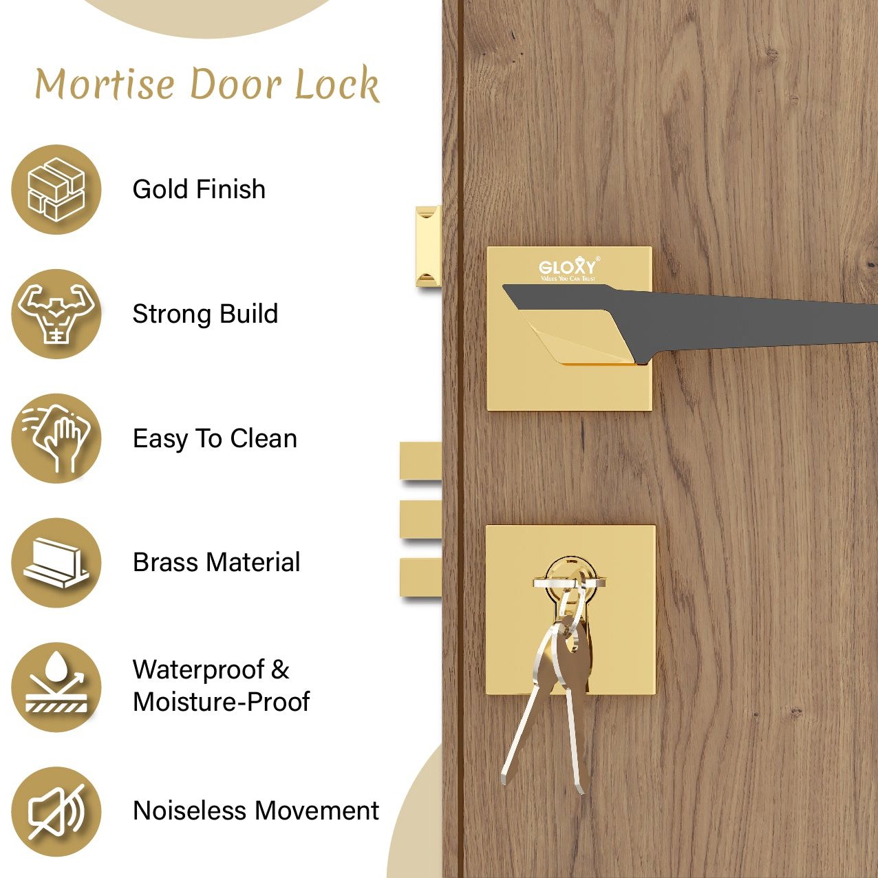 Mortise Door Handles Main Door Lock Handles Set with 3 Keys for Safety of Home | Bedroom, Office, Hotel, Home(Gold)-by GLOXY®