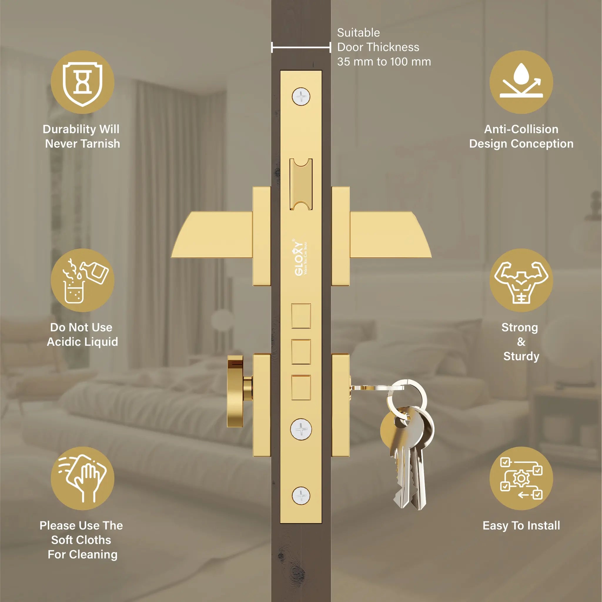 Gloxy Oxlar Series Gold Finish Mortise Main Door key Lock With Handle