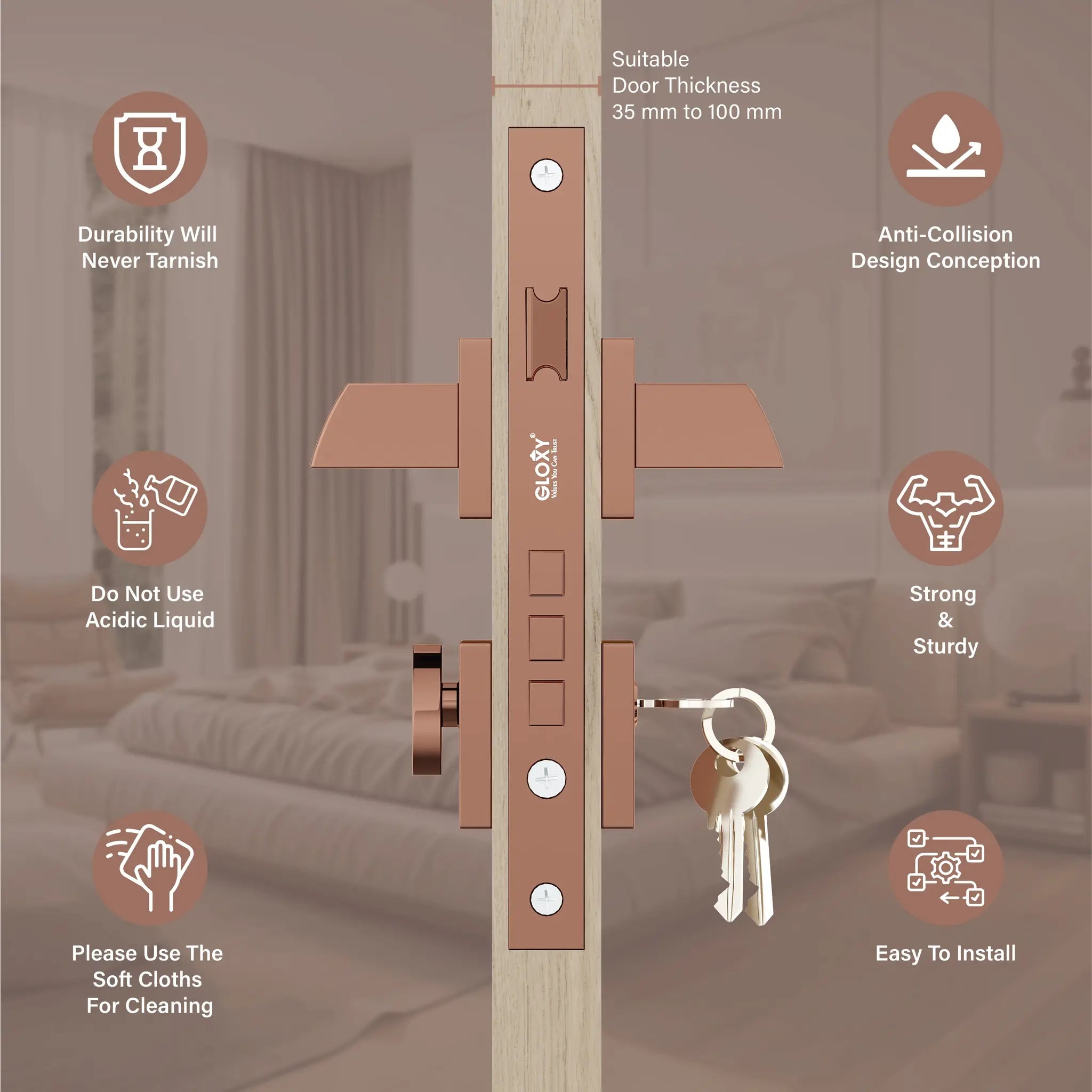 Gloxy Oxlar Series Rose Gold Finish Mortise Main Door key Lock With Handle