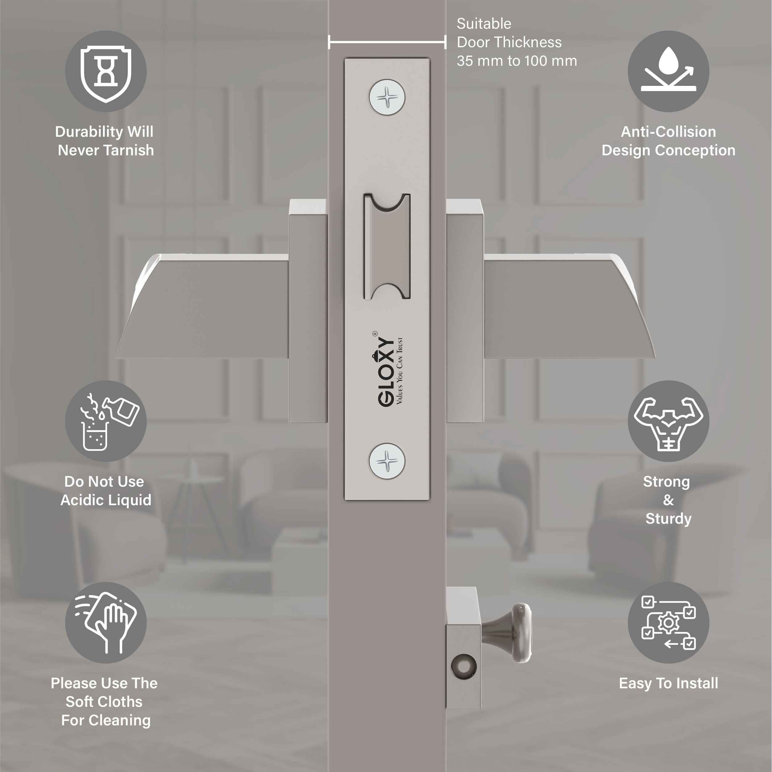 GLOXY Brass Door Lock for Balcony Store Room Door Lock, Mortise Keyless Handle Set with Brass Baby Latch for Home,Office,Hotel | Satin Chrome Finish (2 Years Warranty, Pack of 1)