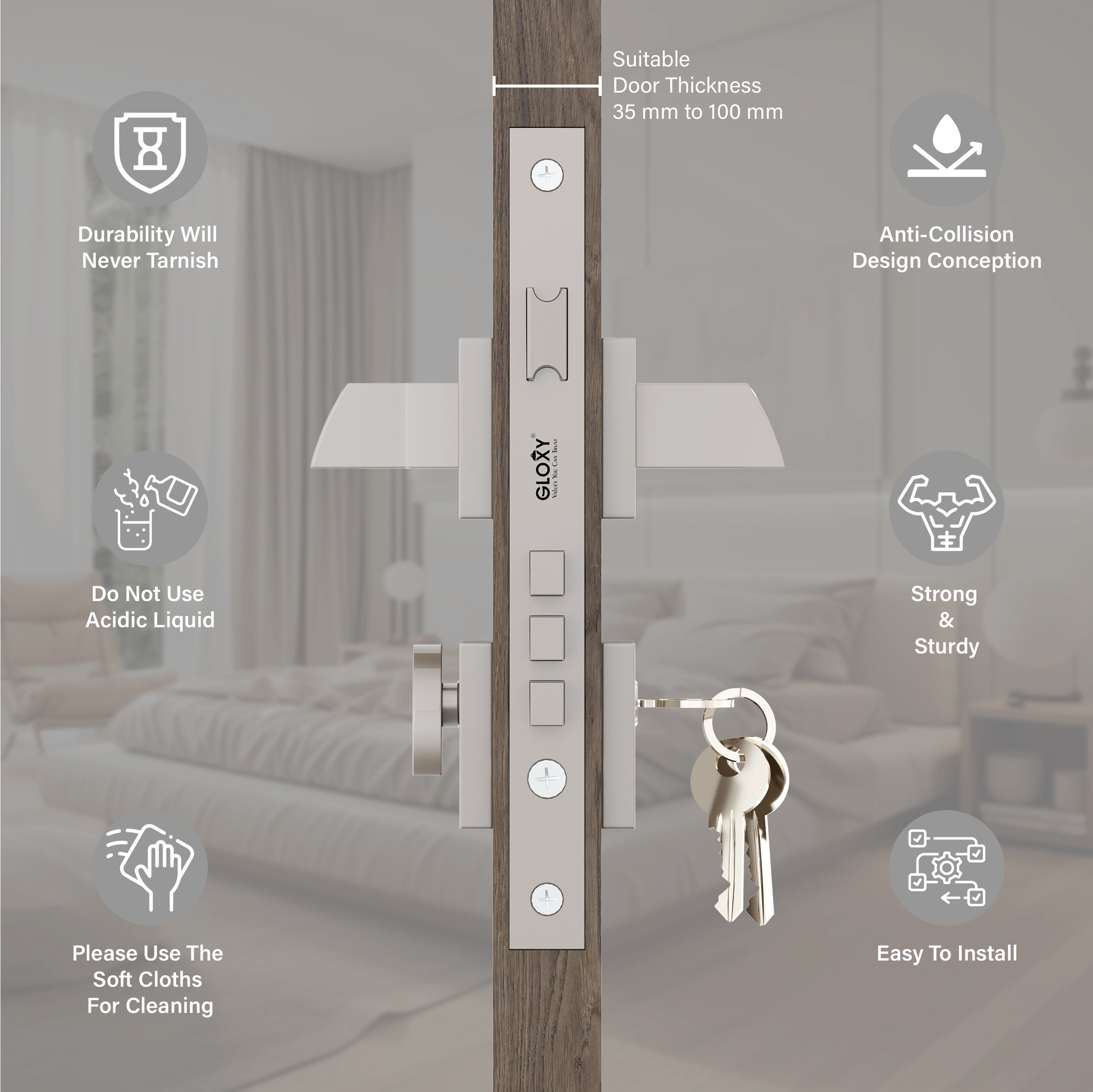 Mortise Door Handles Main Door Lock Handles Set with 3 Keys for Safety of Home | Bedroom, Office, Hotel, Home(Satin Chrome)-by GLOXY®