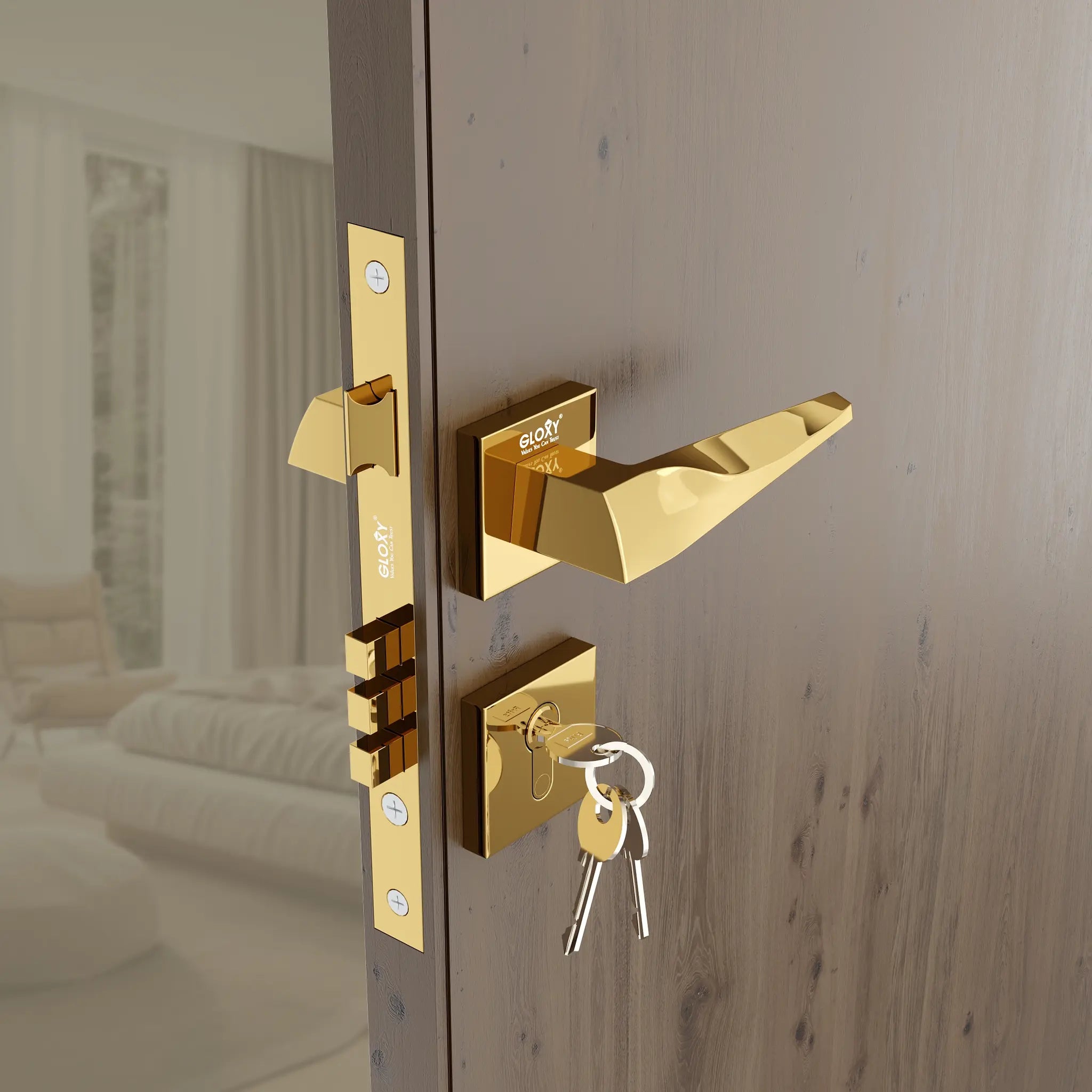 Gloxy Oxlar Series Gold Finish Mortise Main Door key Lock With Handle