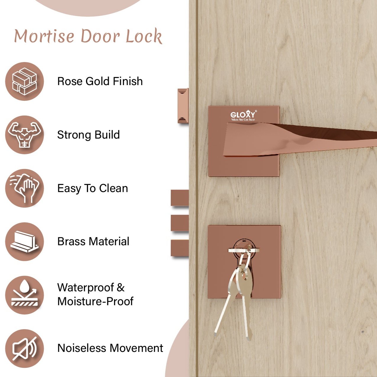 Mortise Door Handles Main Door Lock Handles Set with 3 Keys for Safety of Home | Bedroom, Office, Hotel, Home(Rose Gold)-by GLOXY®