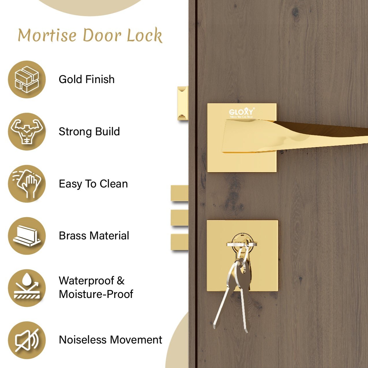 Mortise Door Handles Main Door Lock Handles Set with 3 Keys for Safety of Home | Bedroom, Office, Hotel, Home(Gold)-by GLOXY®